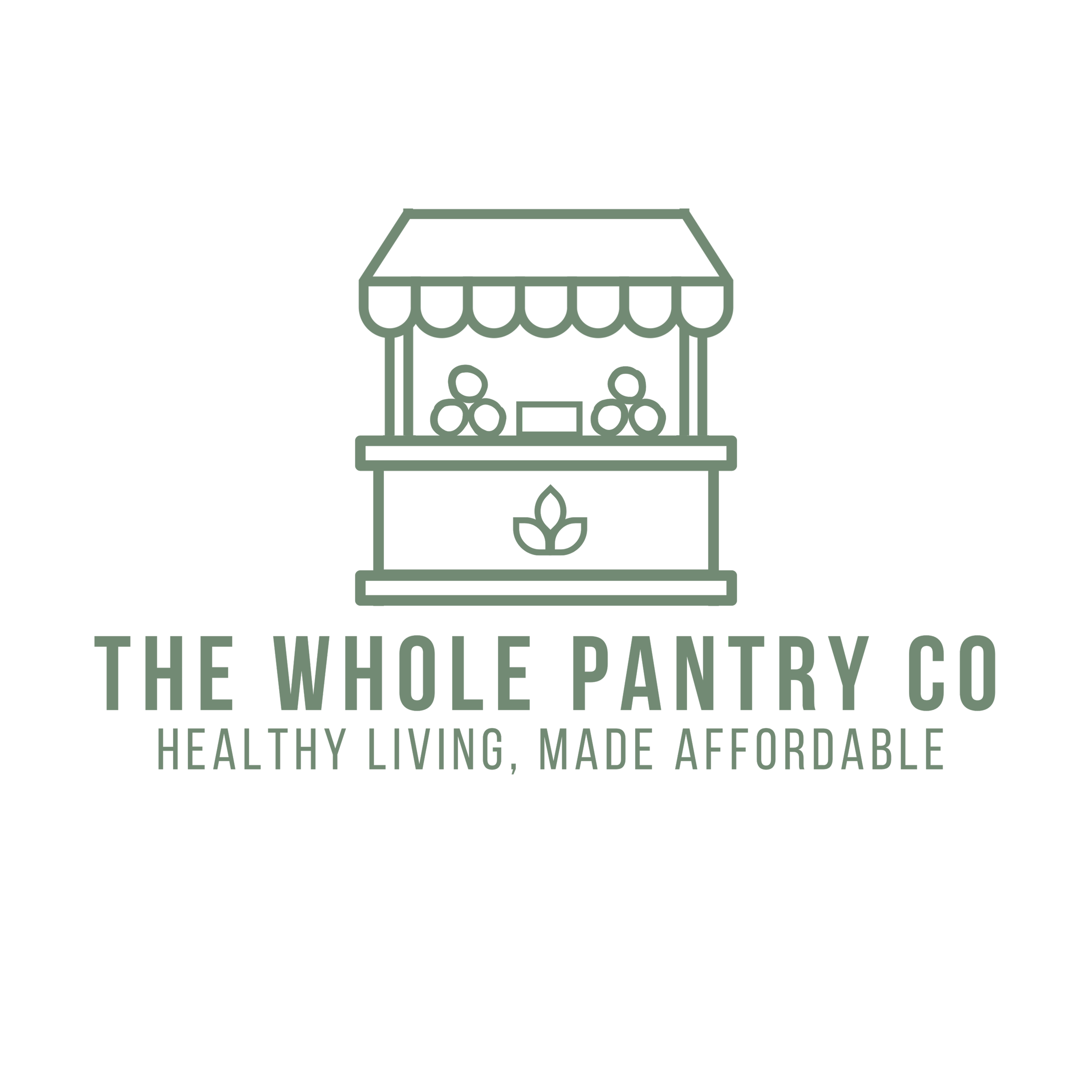 Logo for The Whole Pantry Co with a graphic of a house with shop and text promoting healthy living