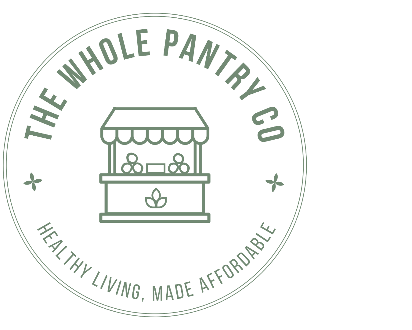 Circular logo with a market stall illustration and text that reads 'The Whole Pantry Co,' 'Healthy Living, Made Affordable'.