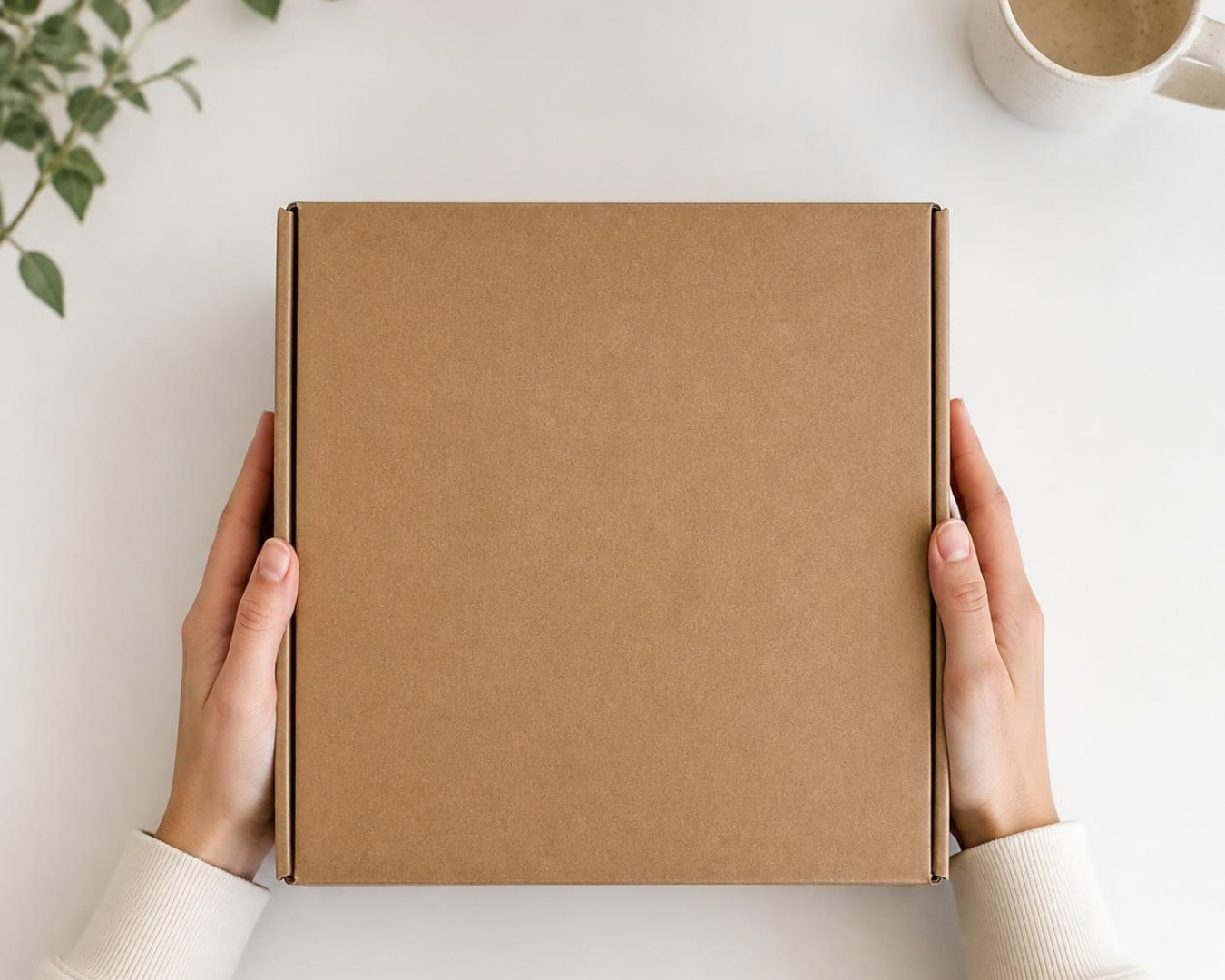 Person holding a plain brown cardboard box on white table with a plant and coffee mug in the background.