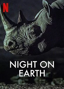 A poster for the Netflix series 'Night on Earth' showing a rhinoceros with a cityscape reflection in water at night.
