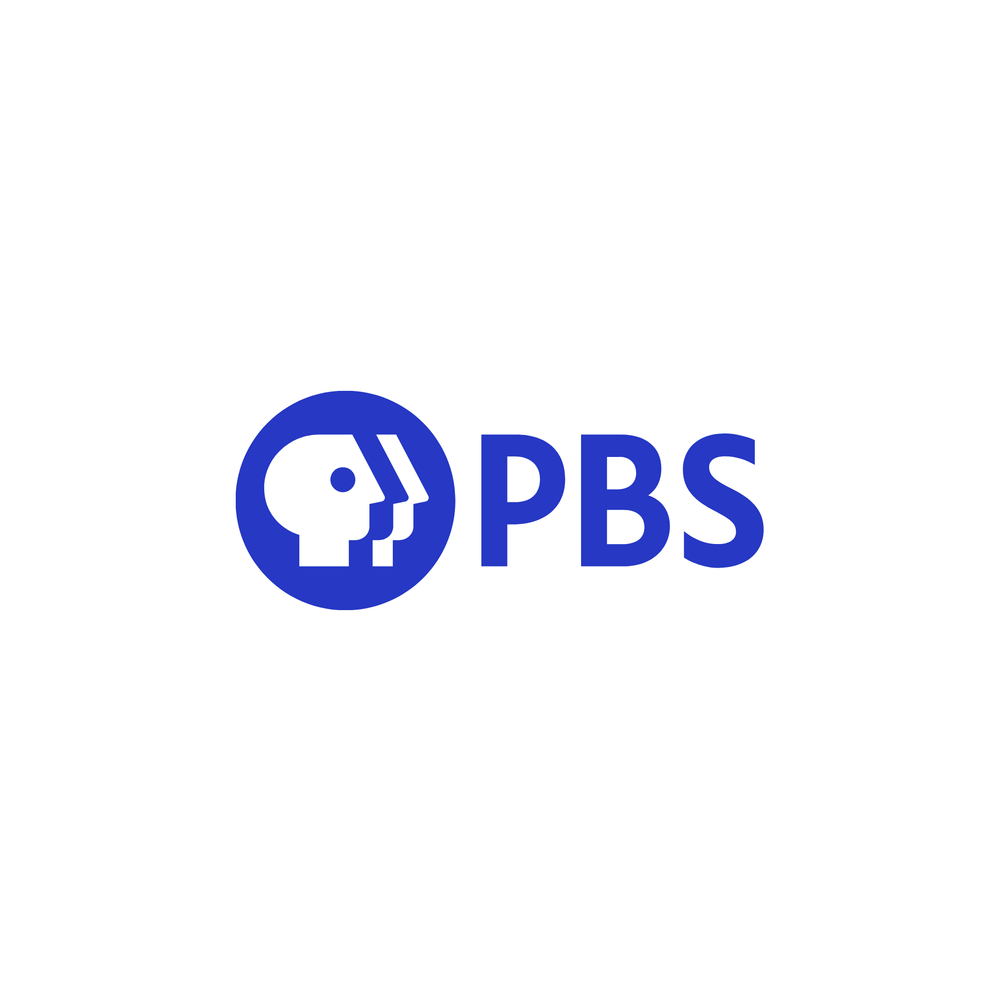 PBS logo with a stylized human head outline in white against a blue circle.