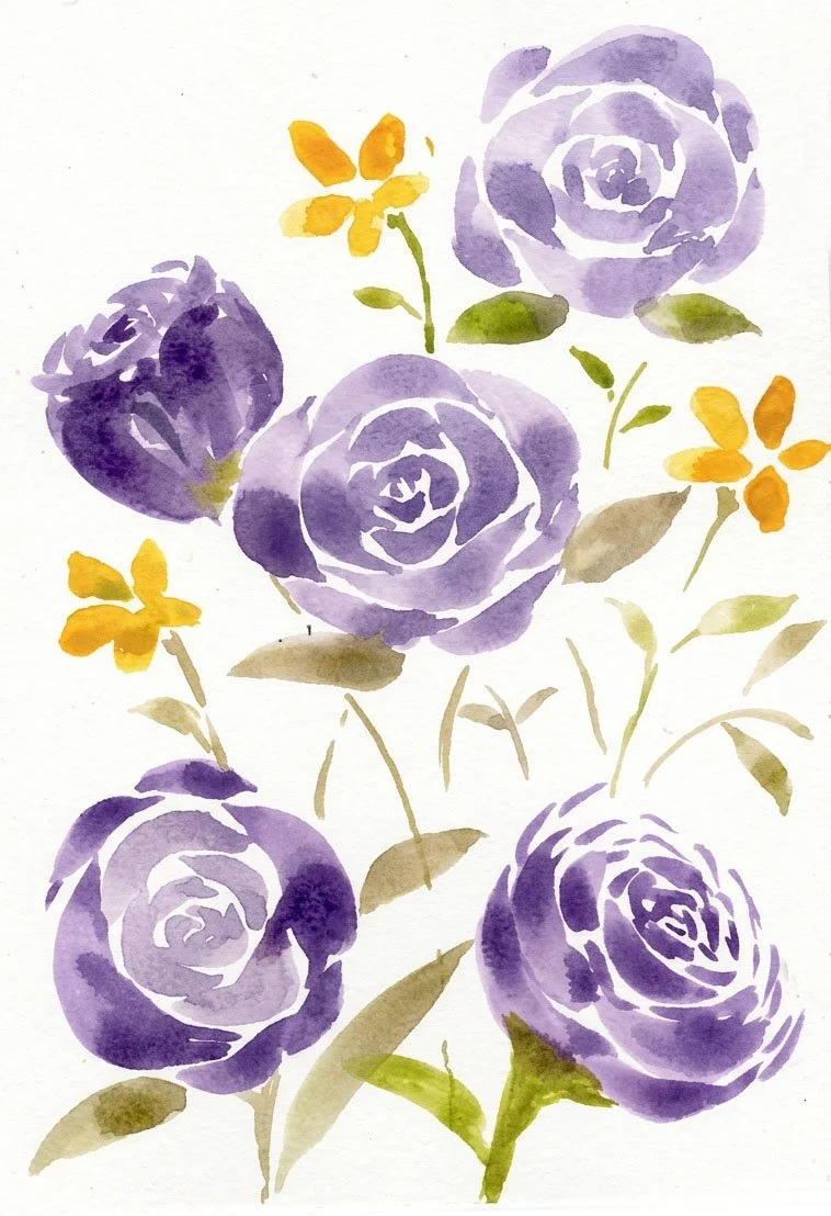 Watercolor painting of purple roses and small yellow flowers with green leaves and stems on a white background.