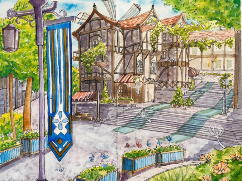 A colorful illustration of a medieval-themed village with timber-framed buildings, brick and wooden accents, lush greenery, and flowers. There are stairs leading up to the buildings, decorative lamp posts, and banners hanging from a pole.
