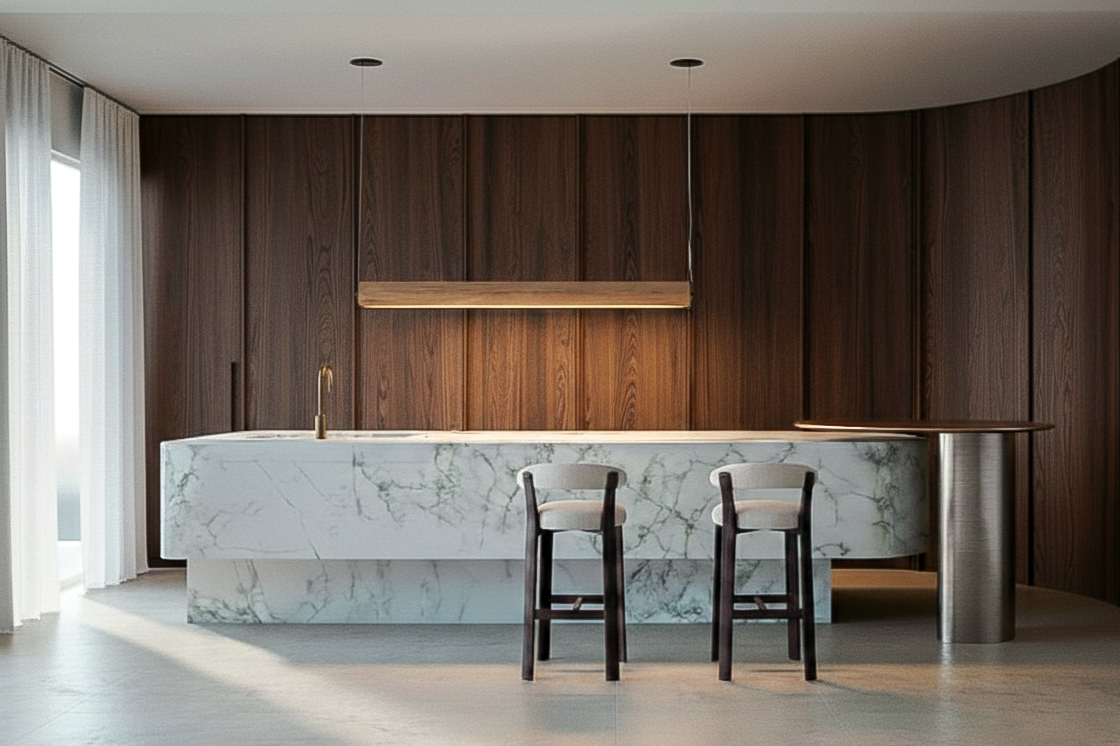 Modern kitchen with white marble island, dark wood wall panels, two white barstools, and minimal lighting.