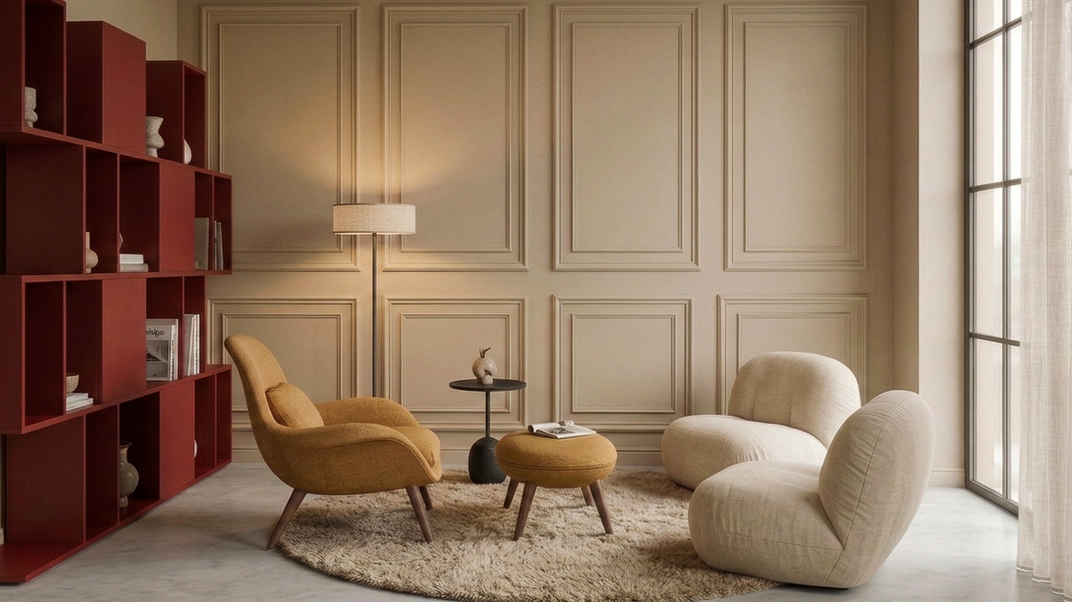 A cozy living room with beige paneled walls, a tall red bookcase, a beige armchair, a tan sofa, a round black side table with a decorative white sculpture, a beige floor lamp, and a large window with sheer curtains.