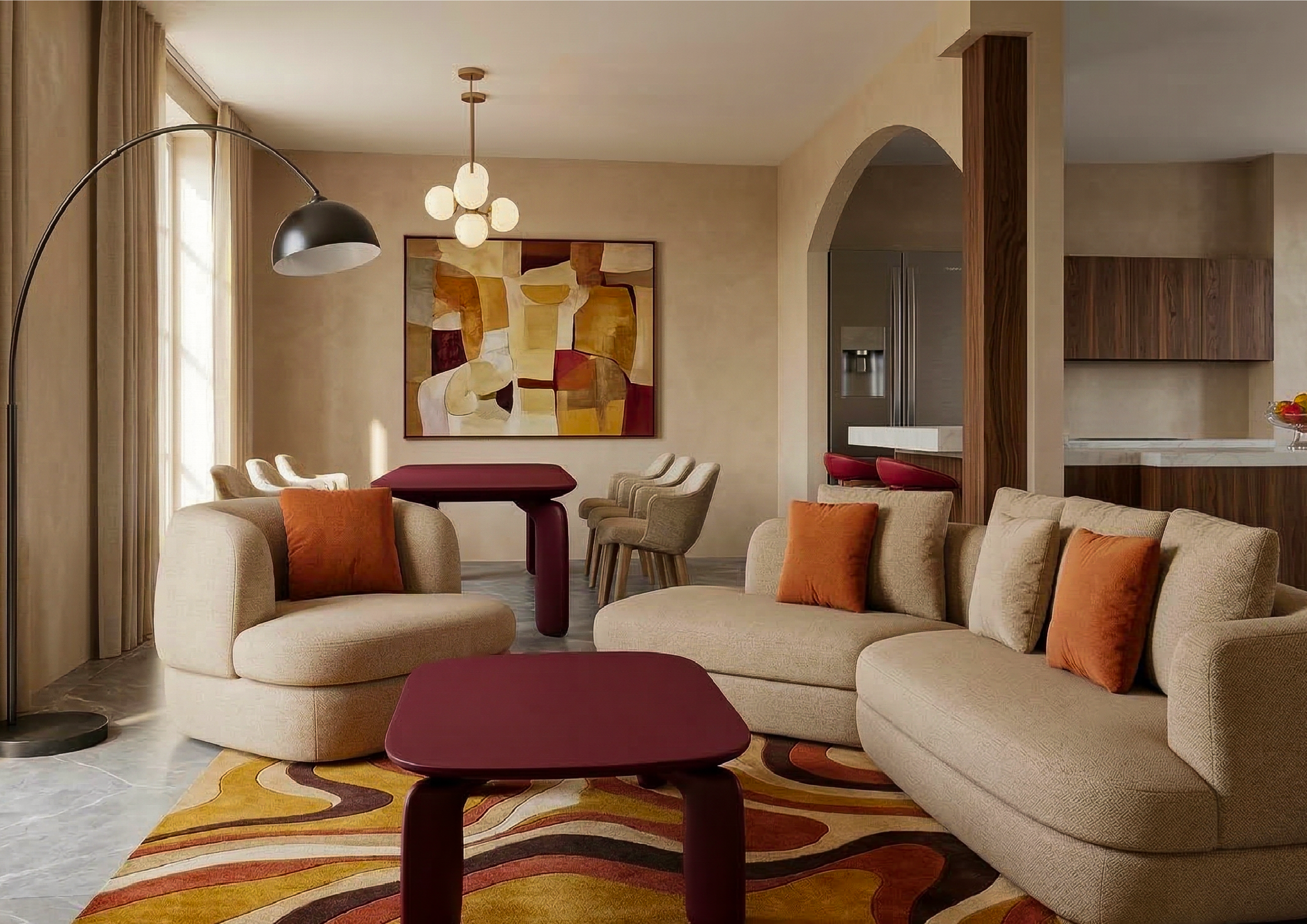 Living room with cream sectional sofa, orange throw pillows, a round maroon coffee table, a multicolored rug, a large abstract painting on the wall, and a black arc floor lamp.