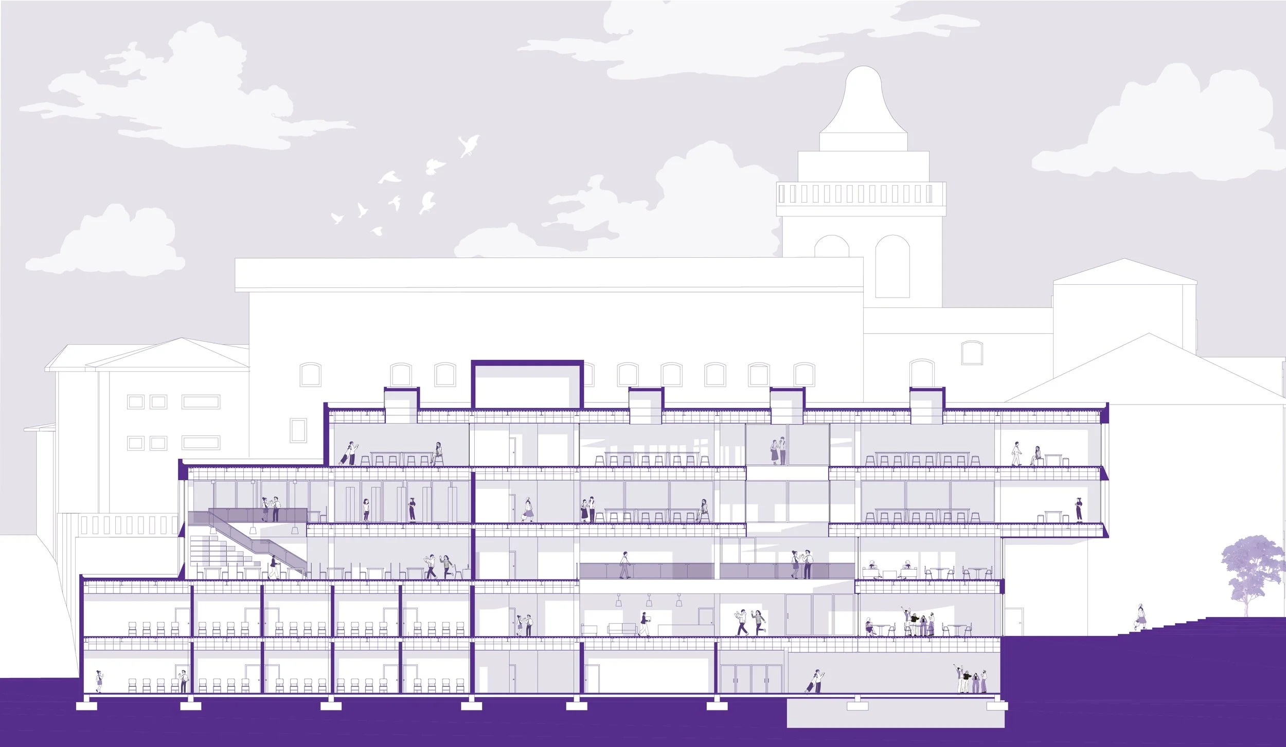 A detailed architectural cross-section drawing of a multi-story building with various rooms and people inside. The background features a cityscape with clouds and a tall tower.