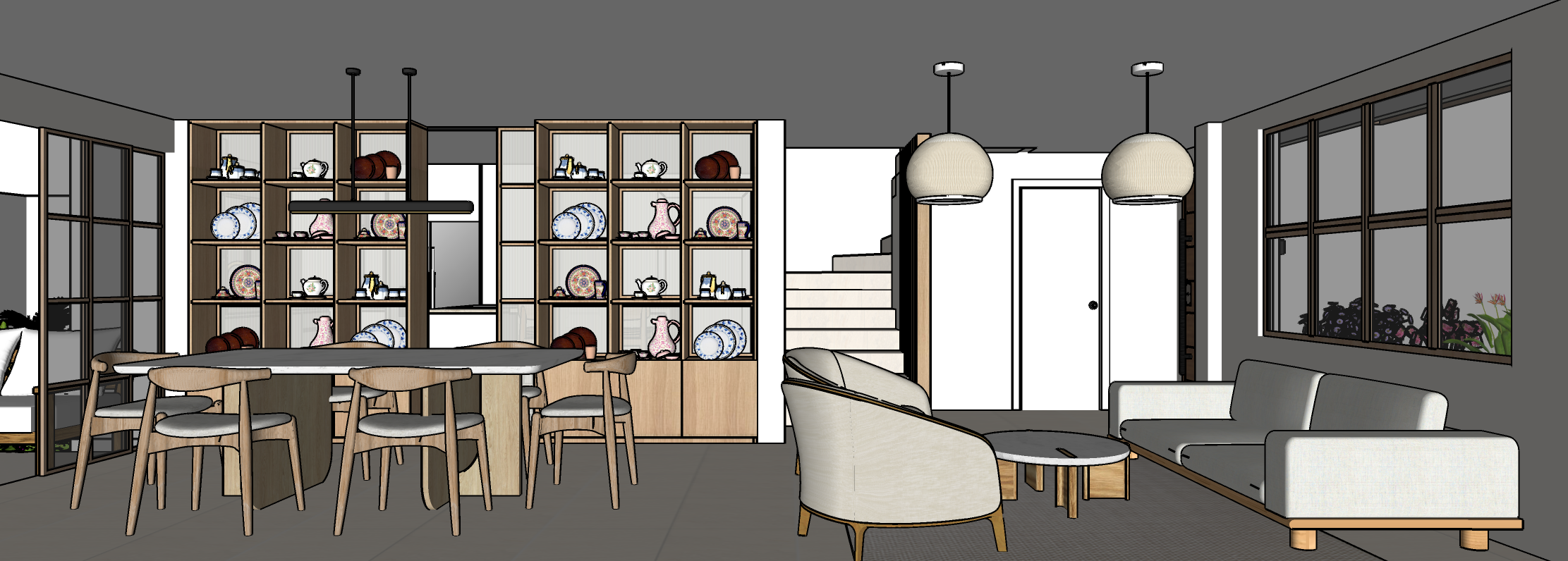 Interior of a modern living and dining area with large windows, bookshelf display, dining table with chairs, and a seating area with sofas and armchairs.