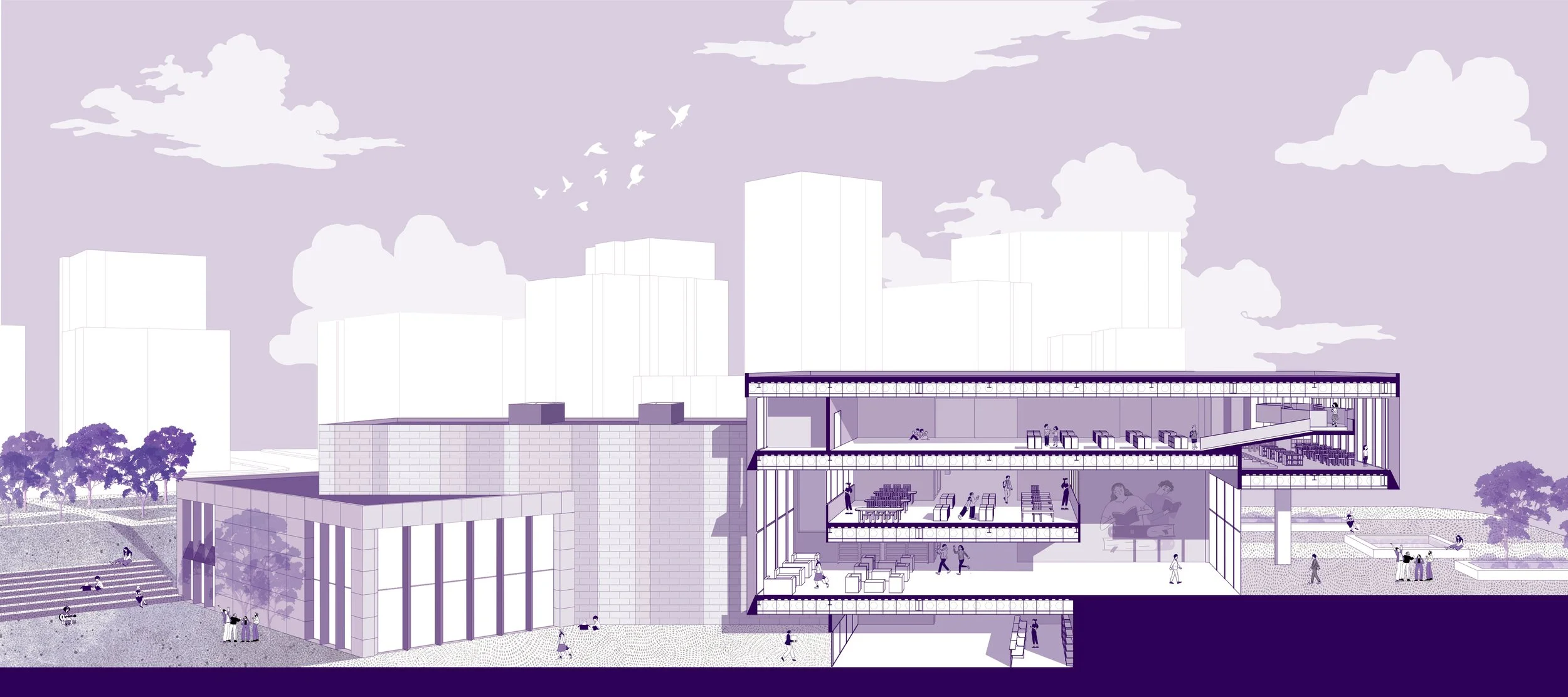 A digital illustration of a modern multi-story building with outdoor and indoor spaces, trees, and people, set in a cityscape with high-rise buildings and clouds in the sky.