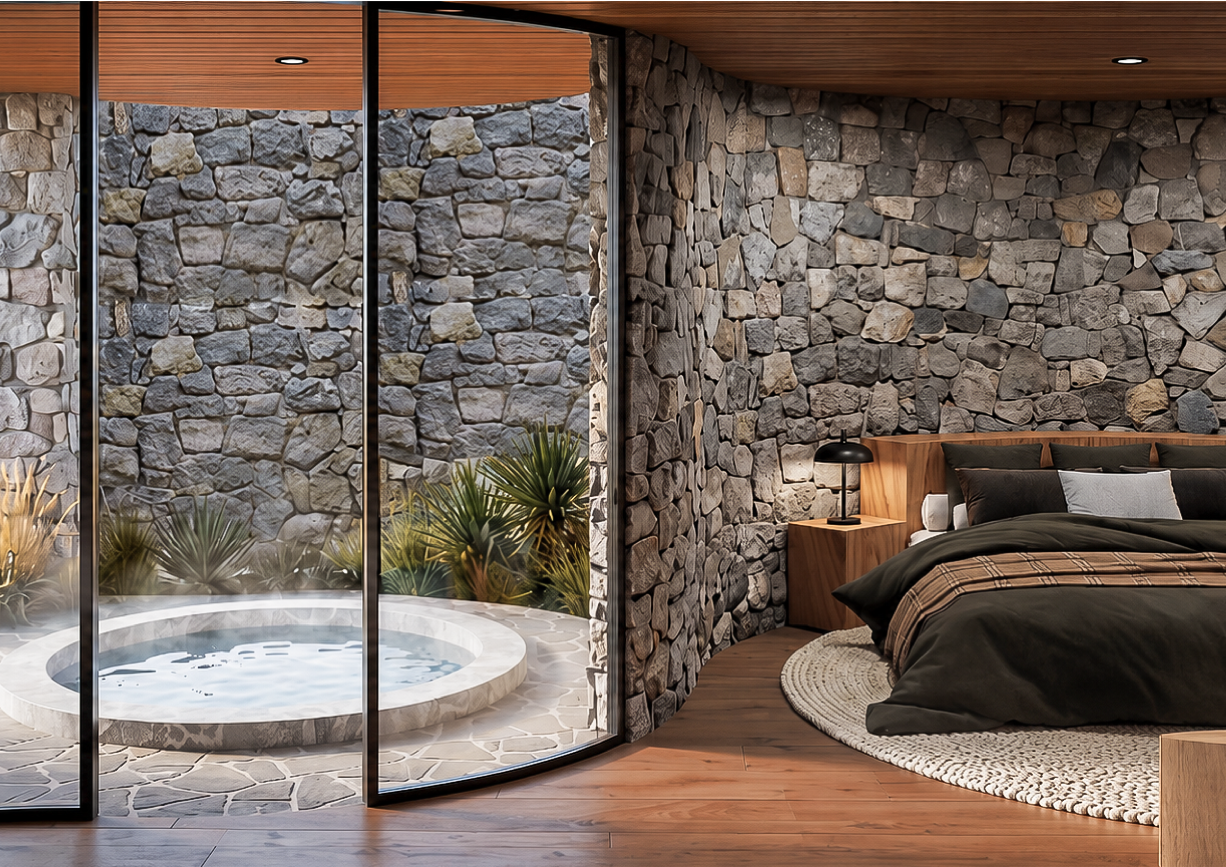 Modern bedroom with stone and wood walls, large windows, and a hot tub visible through the windows.