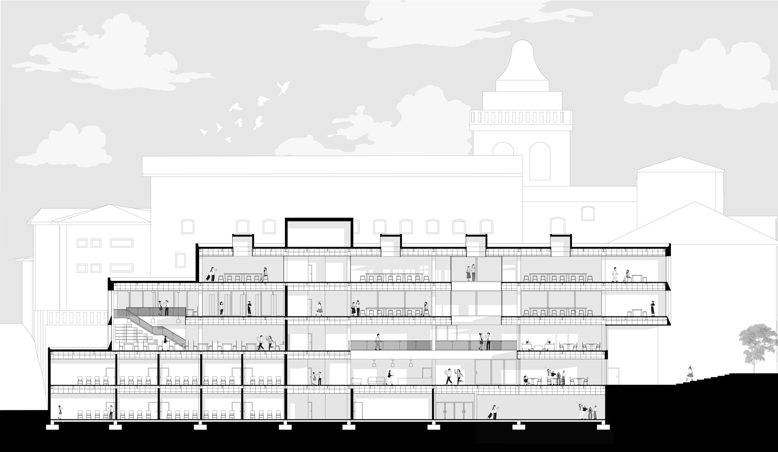 Cross-section of a multi-story building with various rooms and people inside, including an elevator, stairs, and open spaces, with a tower and clouds in the background.