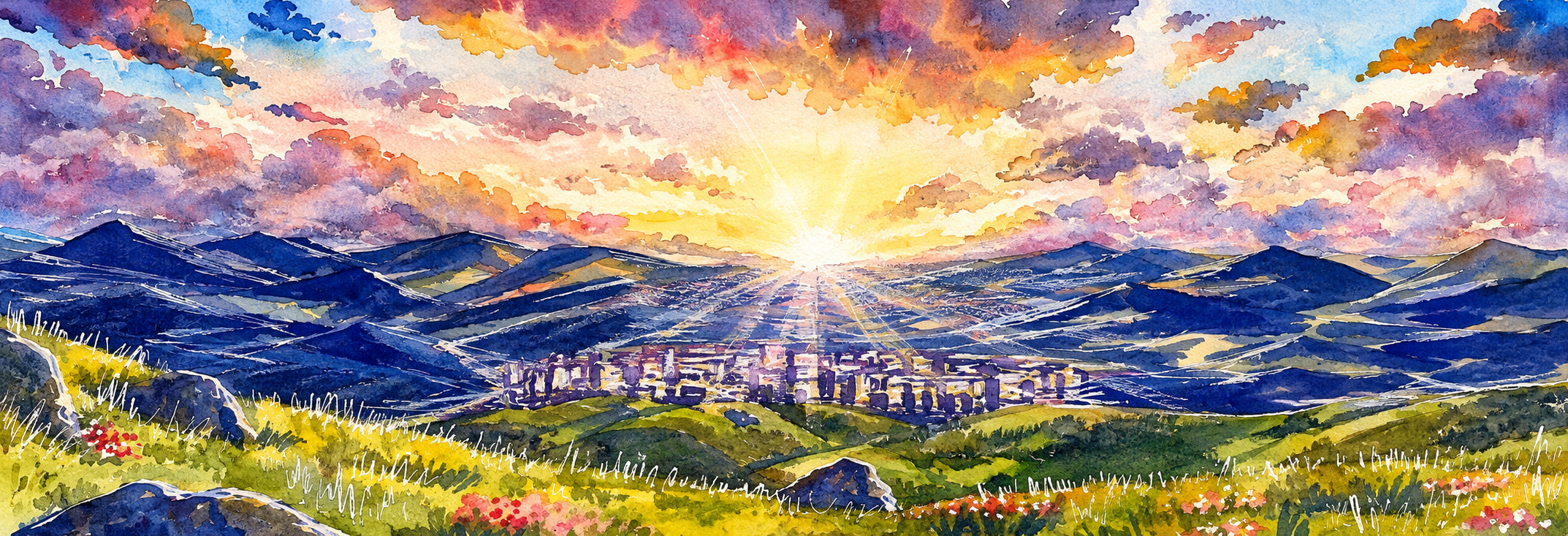 A watercolor painting of a sunset over rolling green hills and distant mountains, with a city skyline in the valley and colorful clouds in the sky.