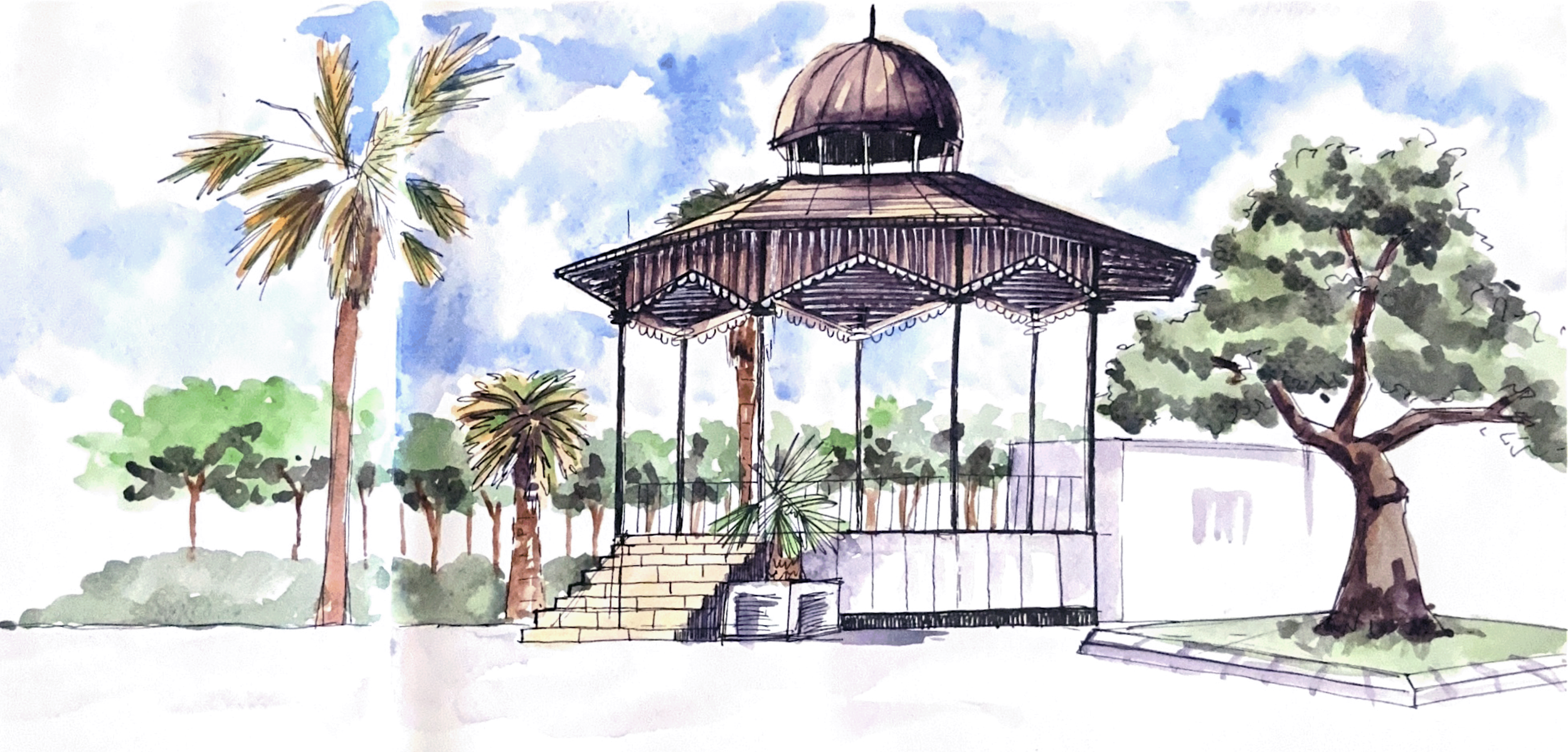Watercolor drawing of a gazebo with stairs leading up to it, surrounded by palm trees, other trees, and bushes, under a partly cloudy sky.