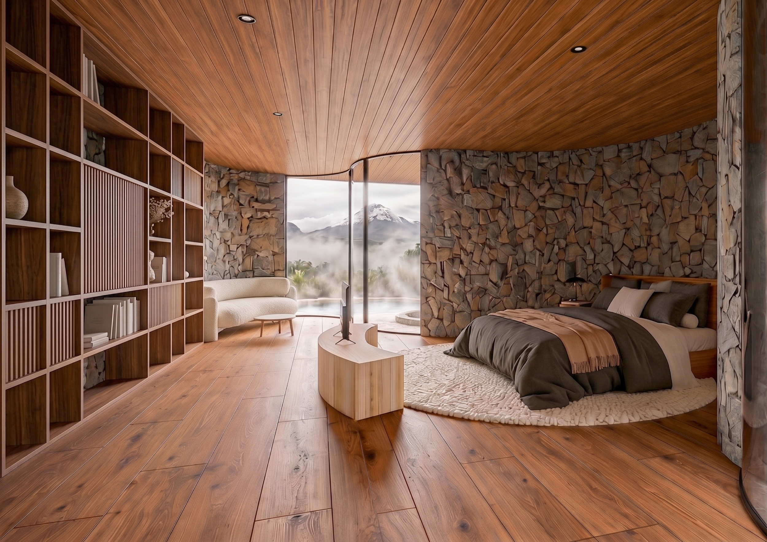 Modern bedroom with curved stone wall, wooden ceiling, and floor-to-ceiling window showing mountain landscape