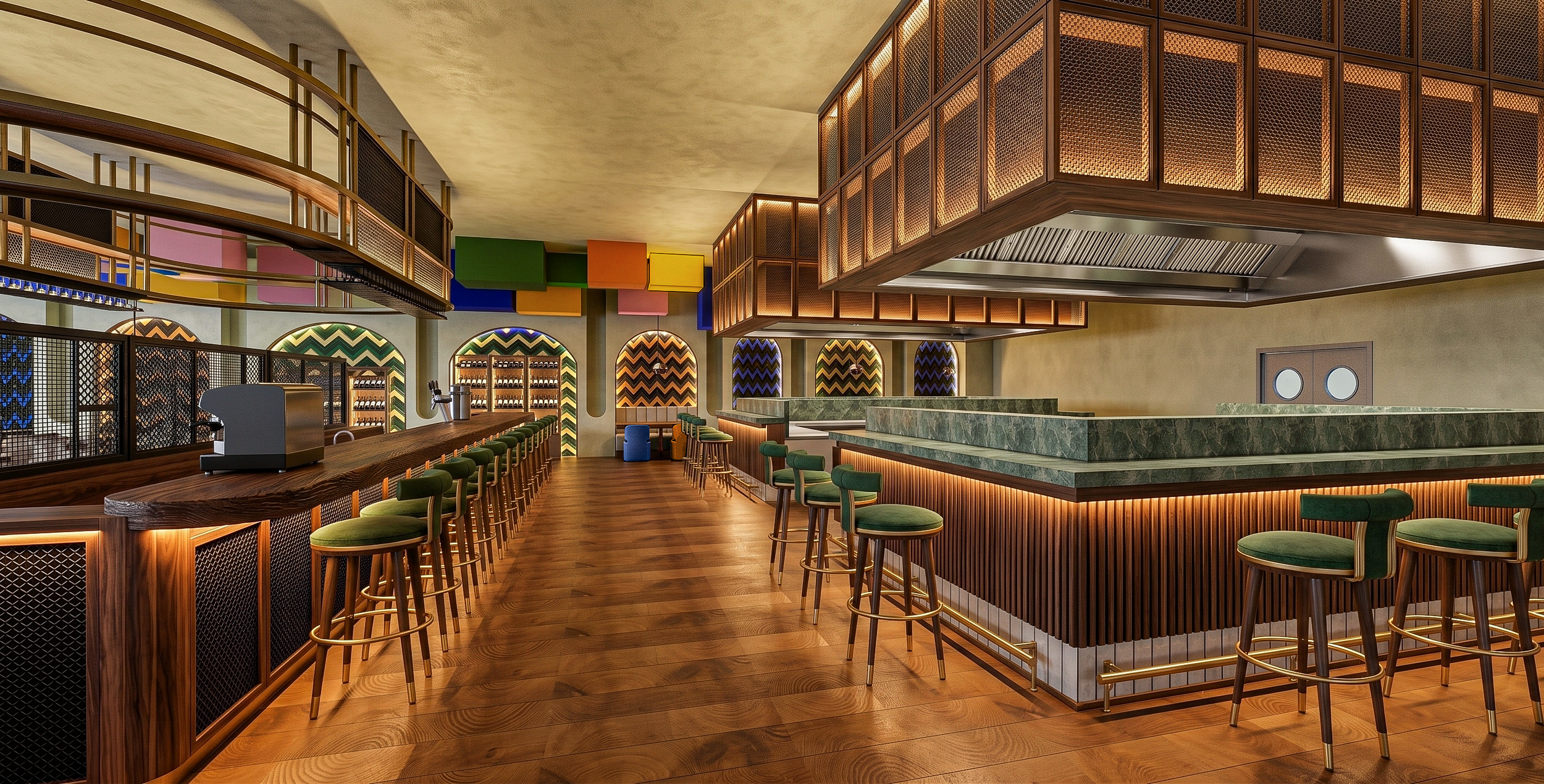 Modern bar with green marble countertops, wooden accents, and colorful zigzag patterned wall panels, featuring bar stools and shelving for bottles.