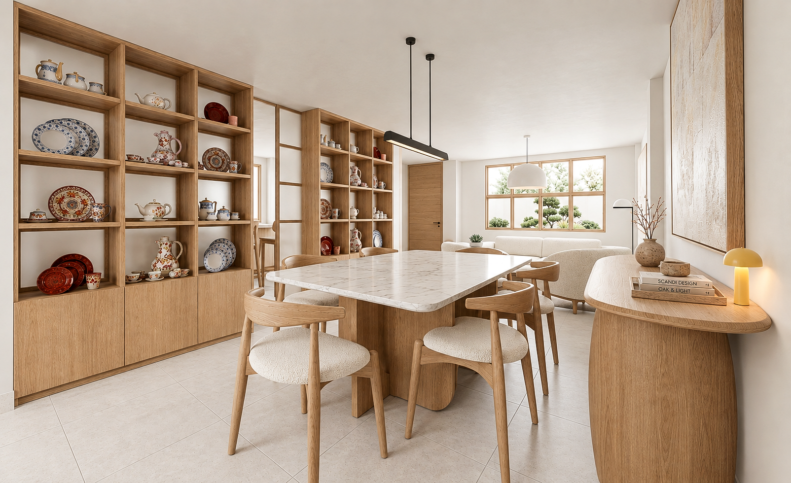Bright, modern dining room with wooden shelving displaying ceramic dishware, a marble-topped dining table with wooden chairs, a cozy seating area near large windows, and minimalist decor including a potted plant, books, and a small lamp.