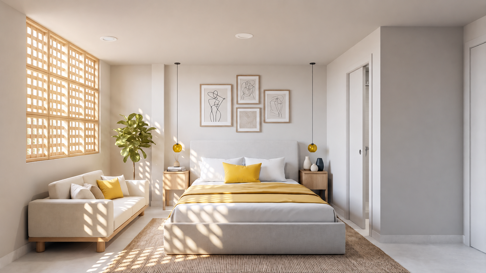 Modern bedroom with white walls, a white bed with yellow accent pillows and bedding, two wooden nightstands with vases and books, hanging yellow pendant lights, a beige sofa with yellow and neutral pillows, a large green potted plant, wood lattice window, and framed minimal line art on the wall.