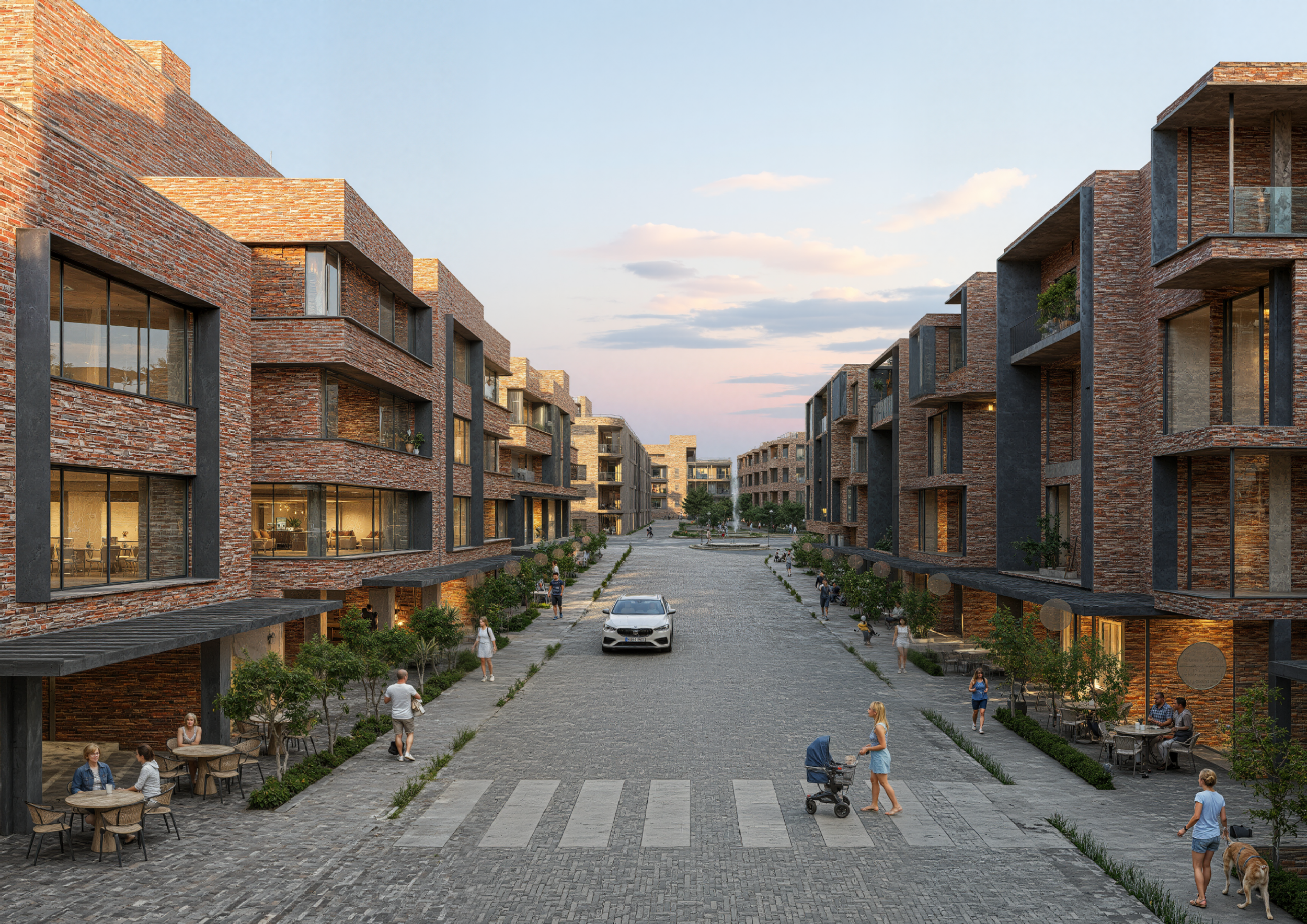 Modern residential buildings with brick exteriors line a pedestrian street with people walking, sitting at outdoor tables, and a car parked in the middle. Trees and plants are also visible along the street.