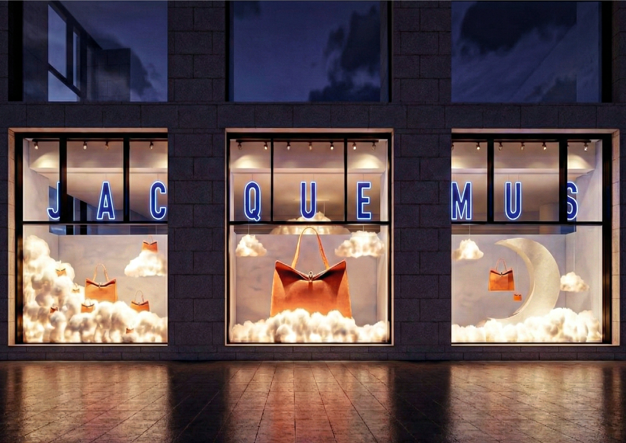 Storefront window display featuring illuminated text spelling 'JACQUES MUSE' with plush cloud and handbag decorations, seen at night.