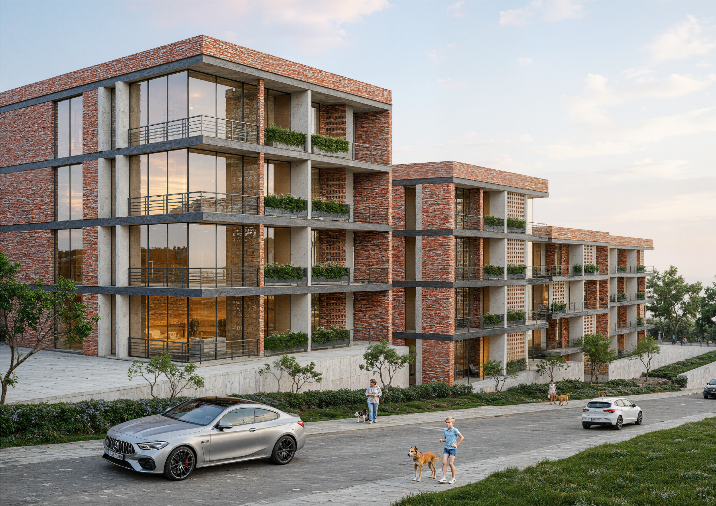 Modern multi-story residential building with brick and concrete exterior, large glass windows, and balconies with metal railings, set against a partly cloudy sky. In the foreground, people walk their dogs and cars are parked along the street.