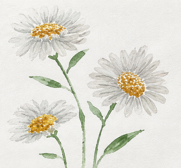 Watercolor painting of three daisies with white petals and yellow centers, with green stems and leaves on a light background.