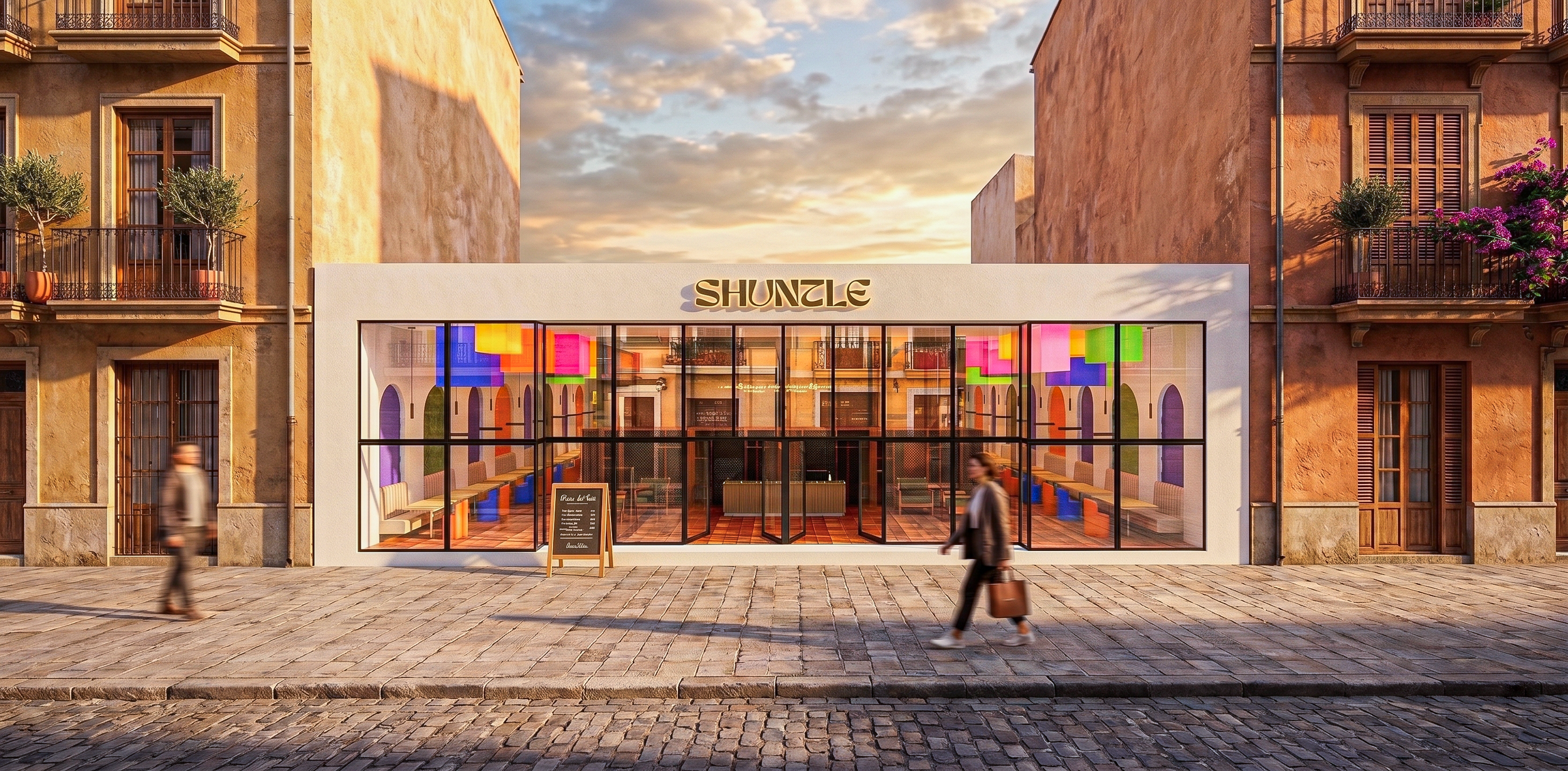 A storefront named 'SHUNZE' with large glass windows showing a colorful interior with hanging lights and seating. The store is between two buildings with balconies and potted plants, and two blurred pedestrians walk on the cobblestone sidewalk in fro