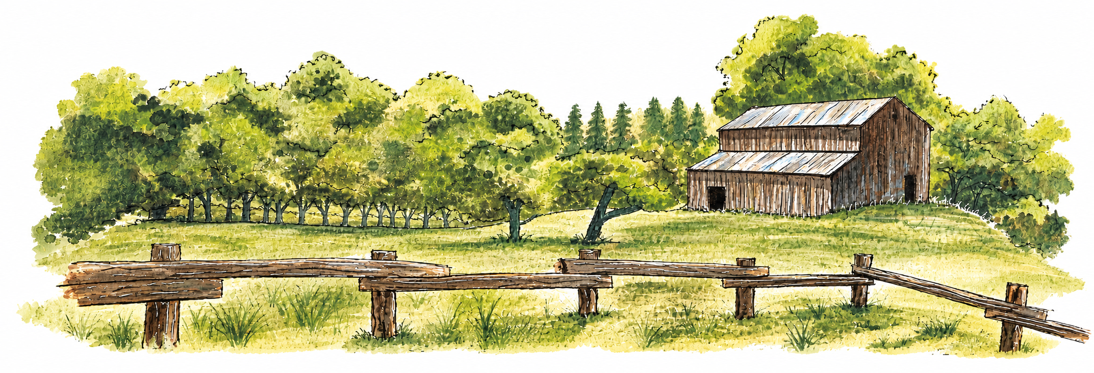 Watercolor painting of a rural farm scene with a wooden barn, a grassy field, a broken wooden fence, and green trees in the background.