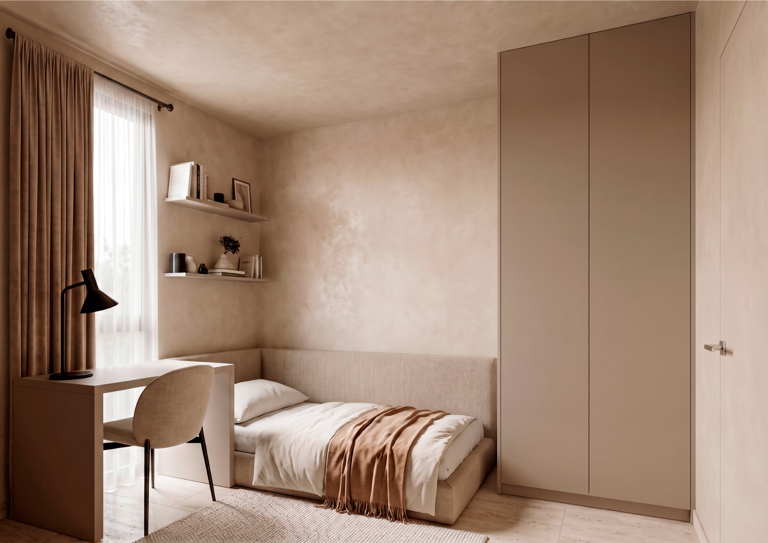 A minimalist bedroom with beige walls and furniture. There is a bed with white sheets and a brown throw. A small white desk with a gray chair is beside the bed. The desk has a black desk lamp, a small plant, and some books. There are two white floati