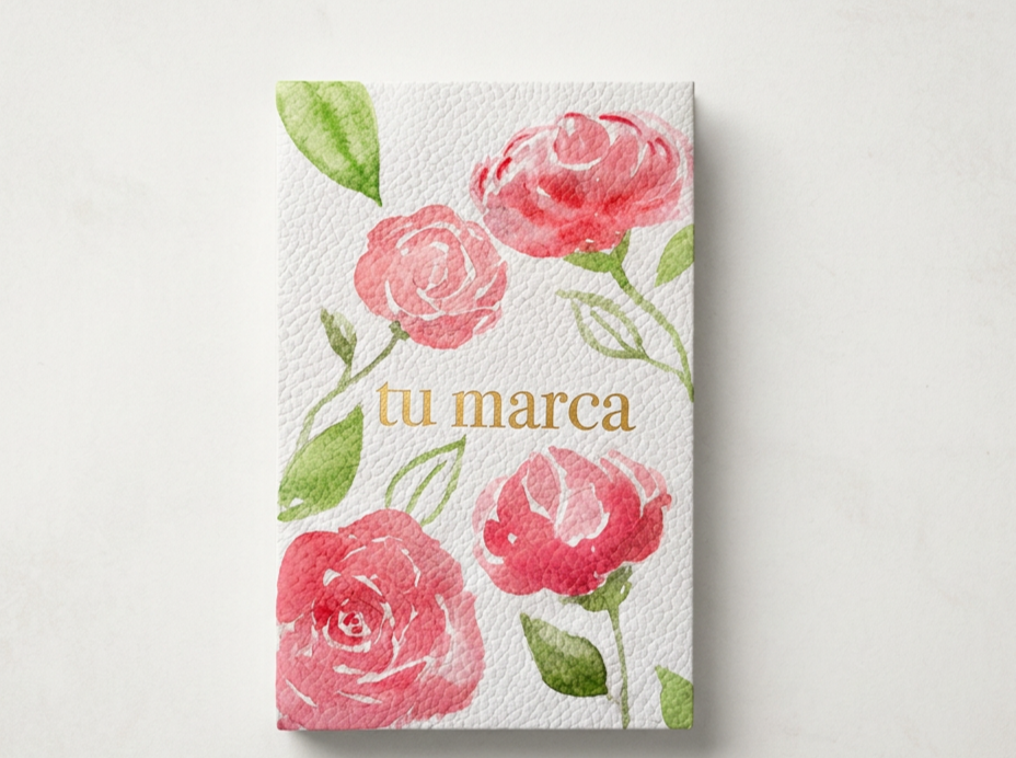 Watercolor illustration of pink roses with green leaves and gold text that says 'tu marca' on textured white paper.