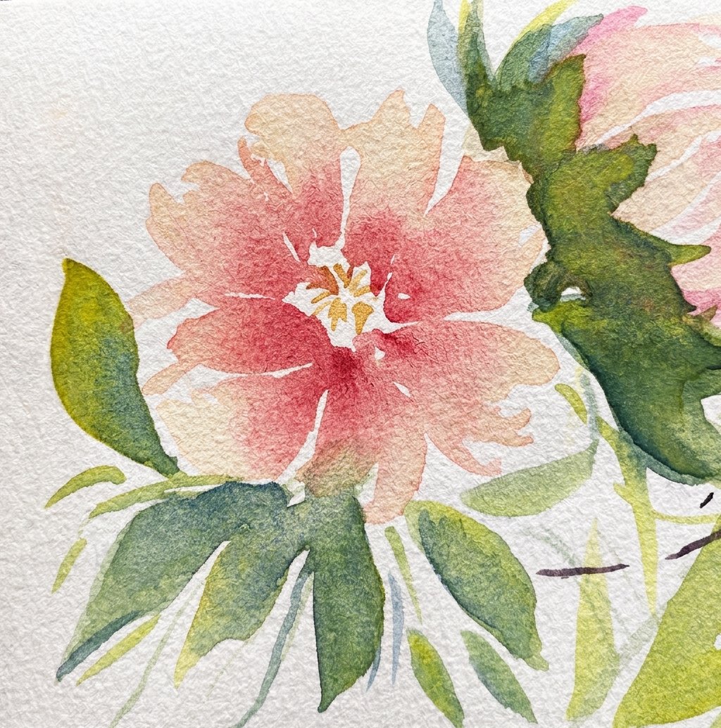 Watercolor painting of a pink flower with green leaves on textured paper.