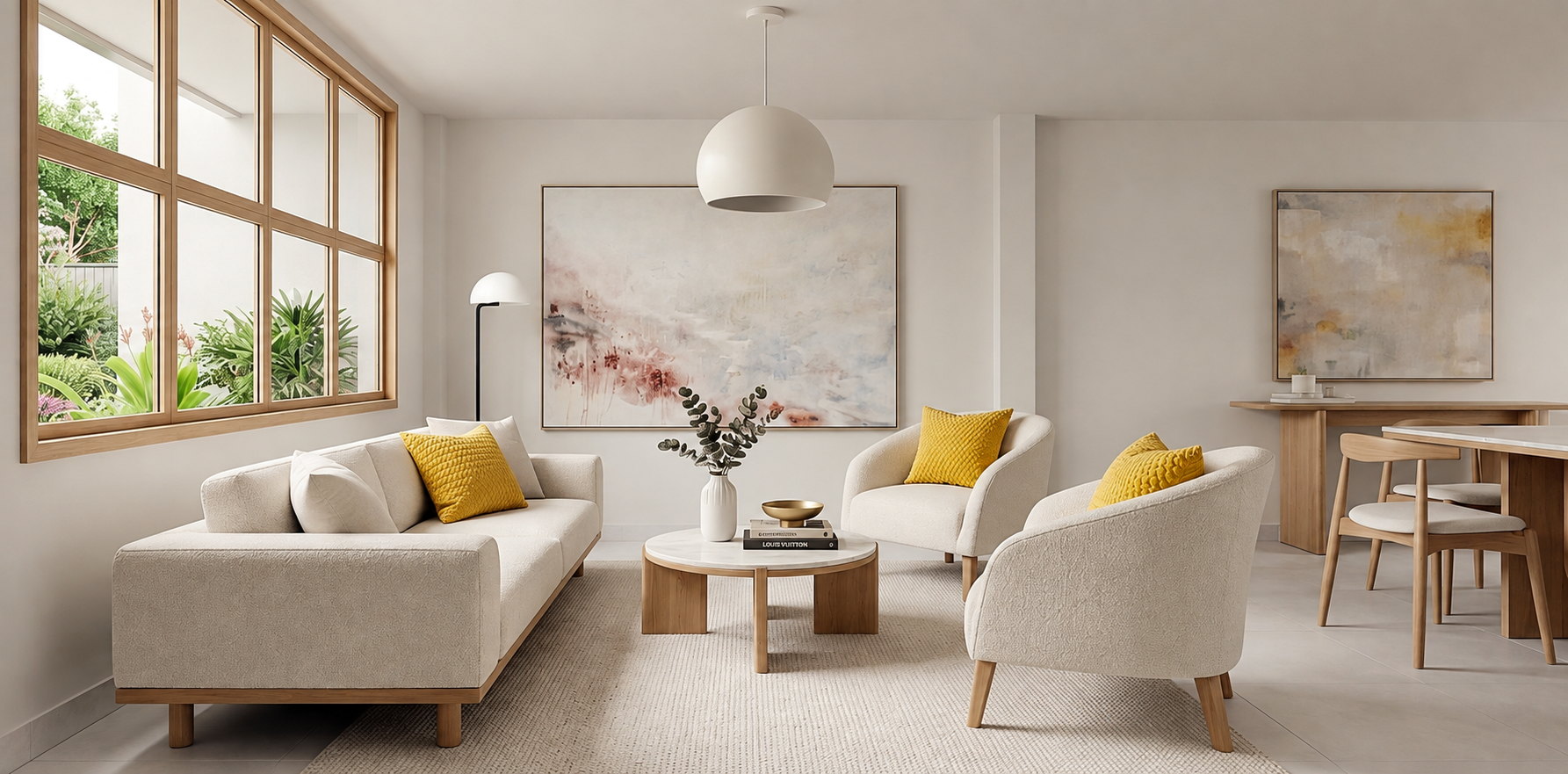 Modern living room with beige sofas, yellow accent pillows, a round wooden coffee table with books and a vase, large window with green outside view, abstract wall art, and minimalist decor.