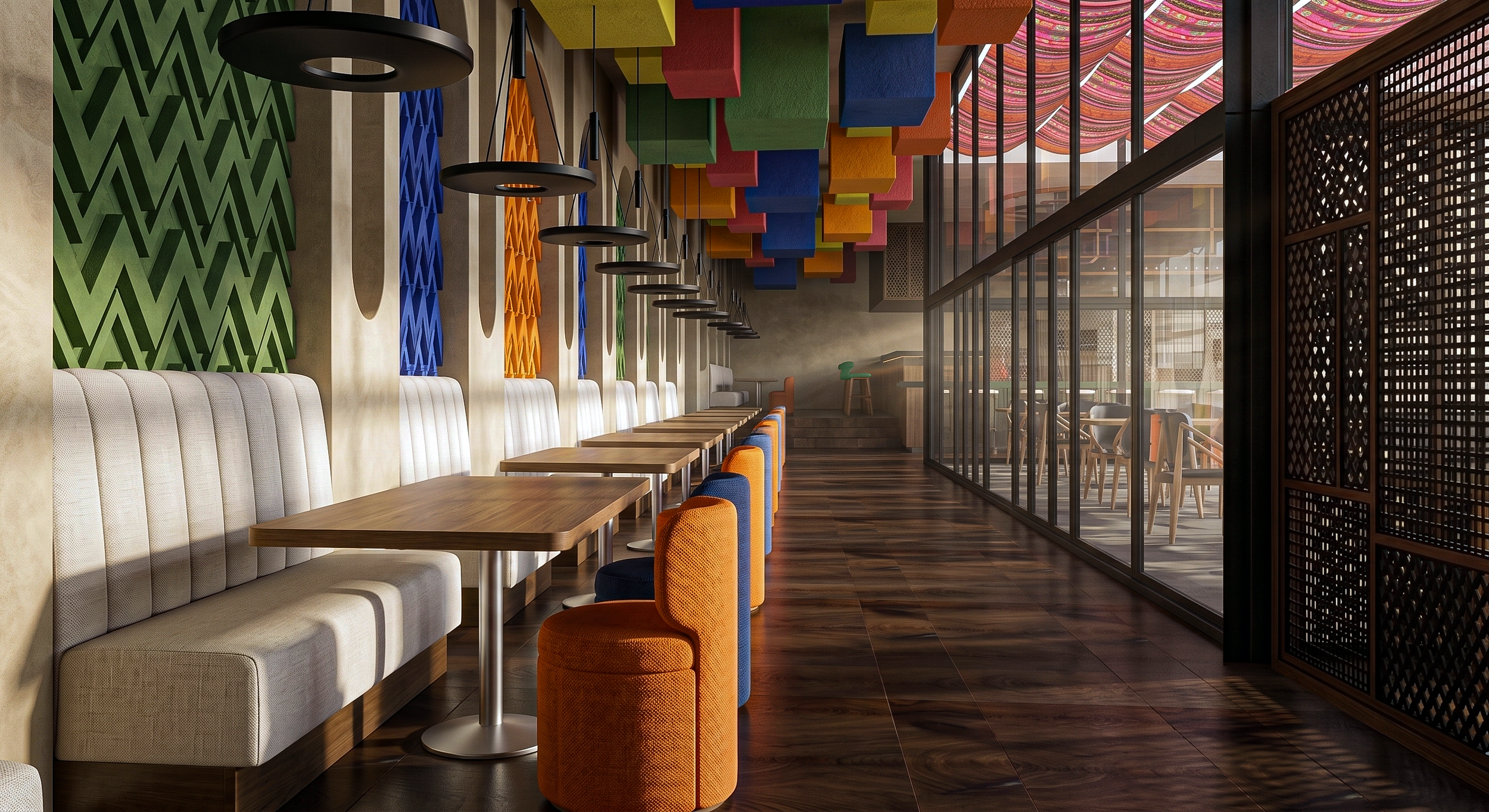 A modern, colorful restaurant interior with wooden tables, upholstered chairs in orange, blue, and neutral tones, decorative wall panels in green, blue, and orange, hanging black pendant lights, and glass walls with a patterned shade outside.