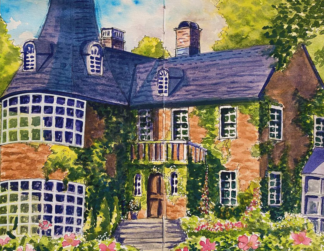 Watercolor painting of an ornate brick house with a turret, multiple windows, and climbing vines, surrounded by lush greenery and colorful flowers.