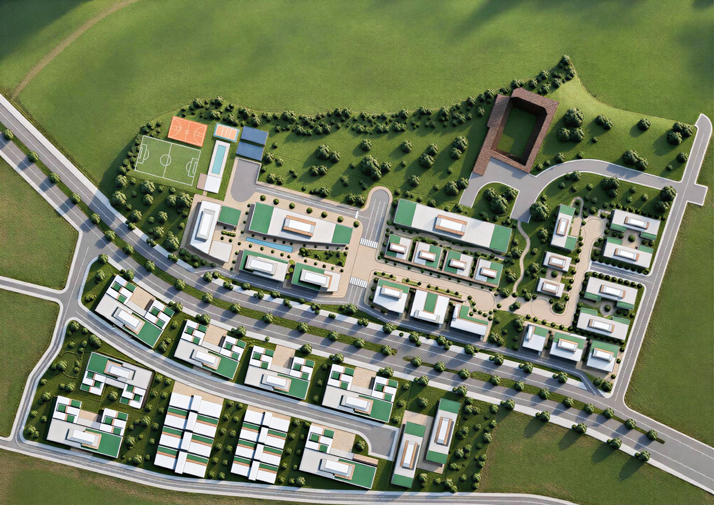 A detailed planning model of an urban development with residential buildings, roads, green areas, sports courts, and recreational facilities.