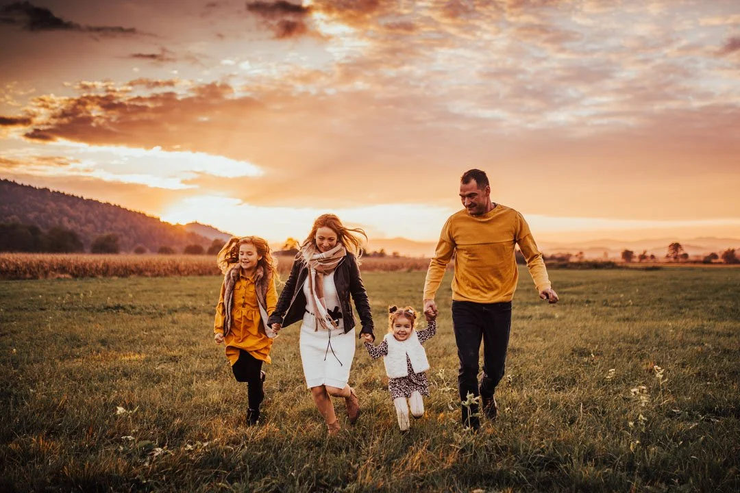 A family of four, two adults and two children, walking hand in hand in an open field during sunset.