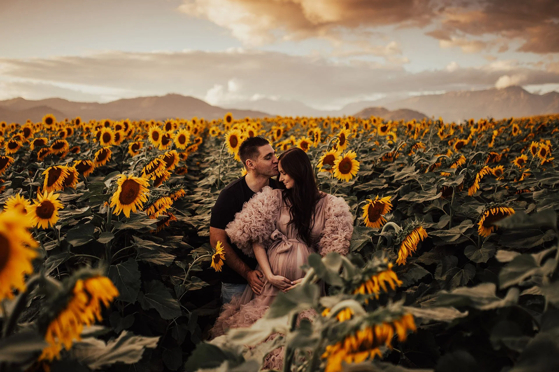 A couple standing in a sunflower field during sunset, with mountains and a cloudy sky in the background. The man is kissing the woman's forehead as she smiles with her eyes closed.