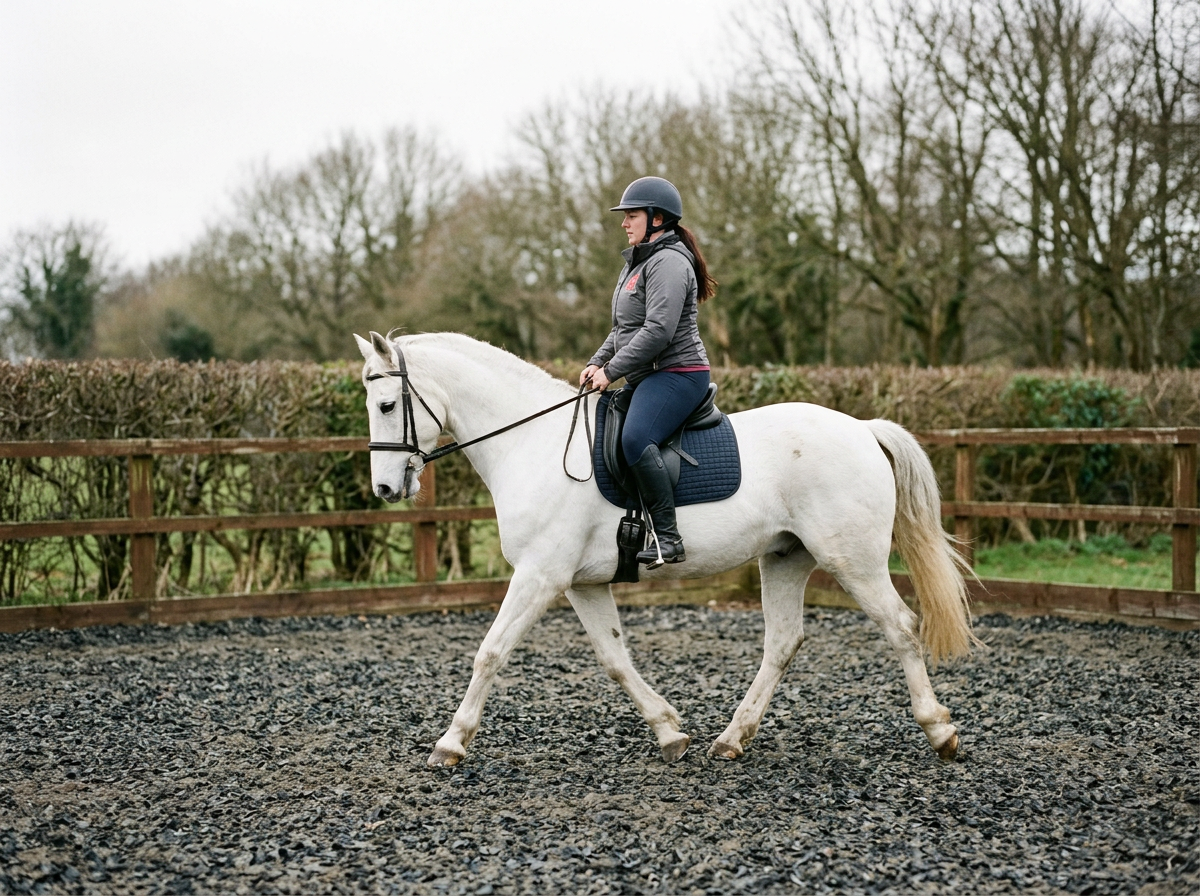 A woman riding a white horse in an outdoor riding arena with a gravel surface, surrounded by a wooden fence and leafless trees in the background.