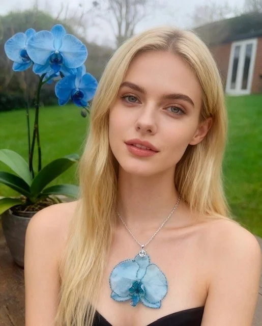 Women wearing a handmade real blue orchid flower necklace with delicate petals preserved in clear UV resin.