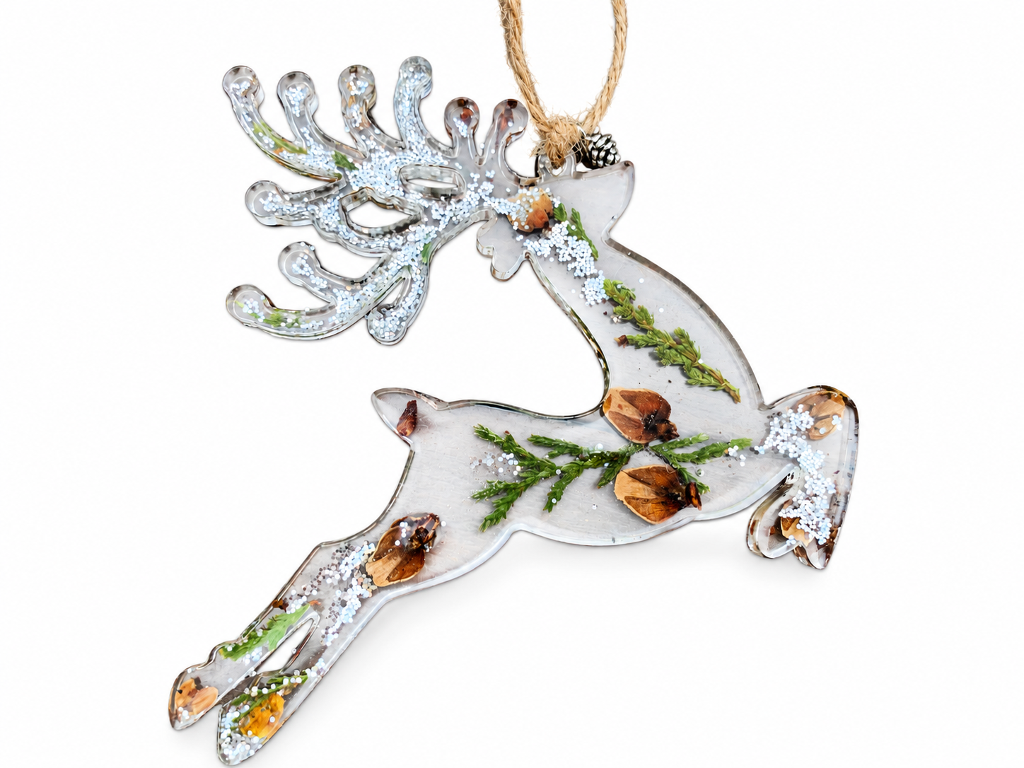 Handmade Botanical Resin Reindeer Christmas Decoration - Real Greenery & Silver Sparkle.