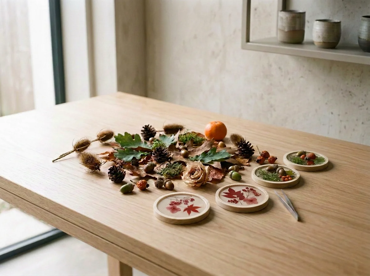 A wooden table decorated with autumn-themed foliage, pinecones, acorns, and a single apple, with three small wooden dishes and a pair of tweezers nearby. In the background, a wall with a shelf holding three ceramic pots.