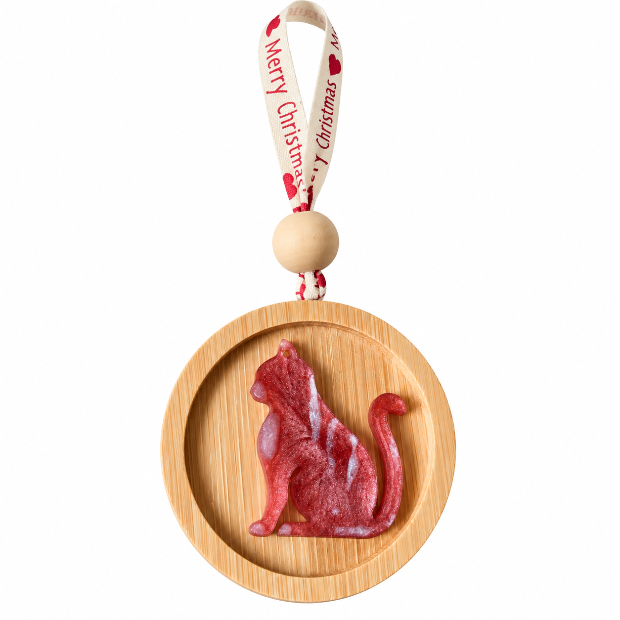 Handmade sitting ginger red resin cat Christmas decoration on a 6.5 cm round wooden ornament, featuring a curled tail, festive hanging ribbon and natural wooden bead against a white background.