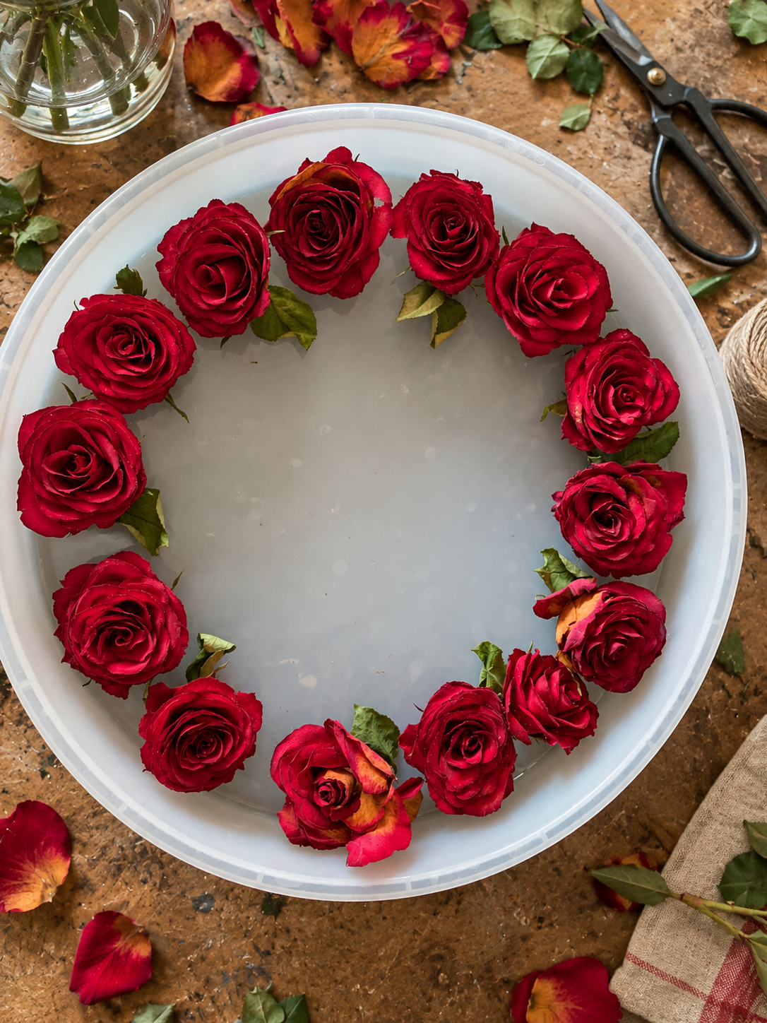 Red roses arranged in a circle on a light blue plastic tray, with rose petals scattered around on a wooden surface, alongside scissors, a glass vase, and a spool of twine.