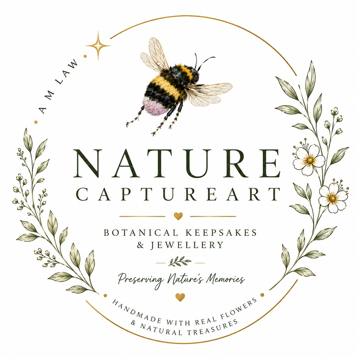 Illustration of a bumblebee flying above a circular badge with floral embellishments and text promoting botanical keepsakes and jewelry, preserving nature's memories.