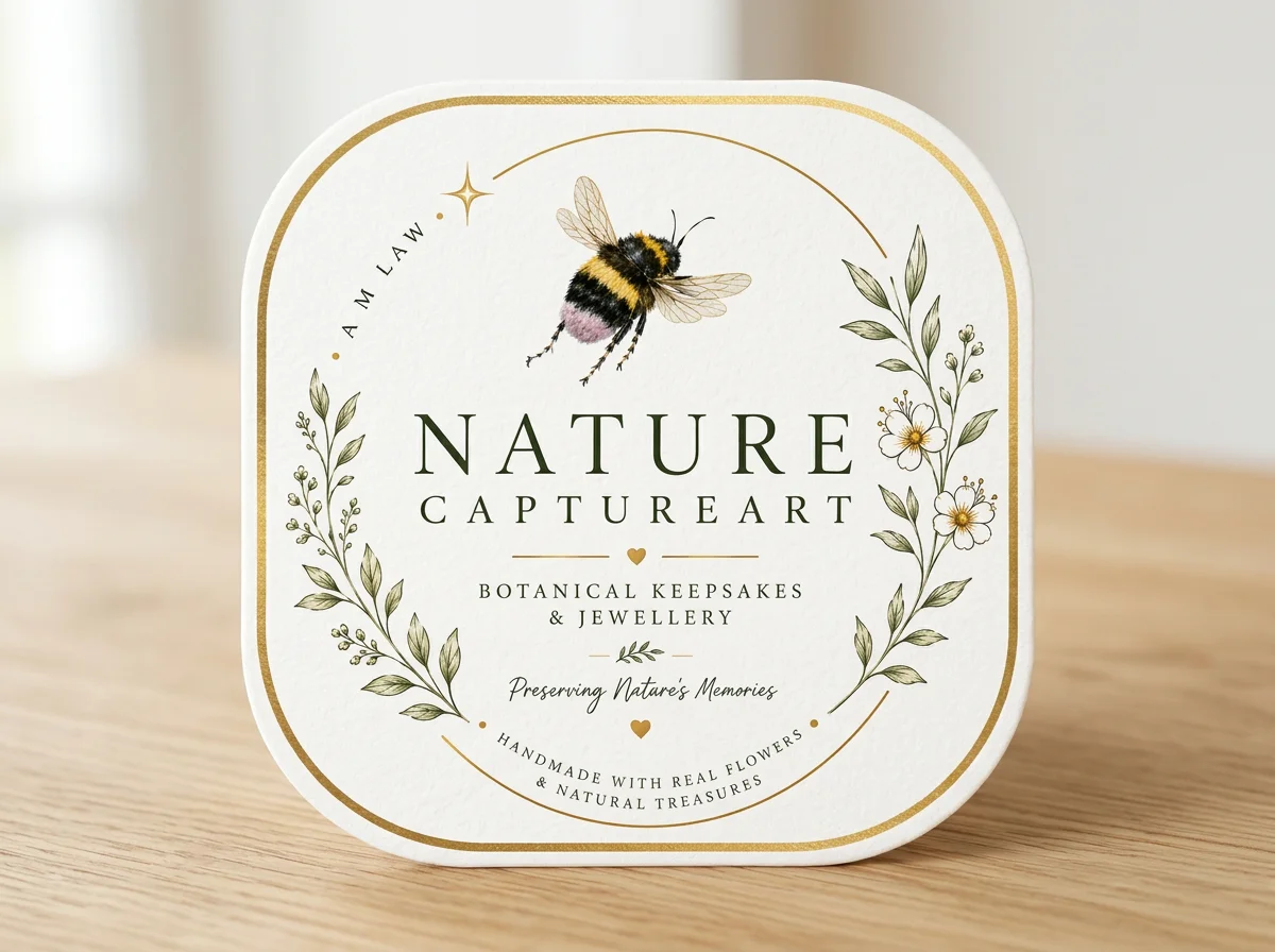 Label featuring a bee illustration, botanical designs, and text promoting nature-inspired botanical keepsakes and jewelry.