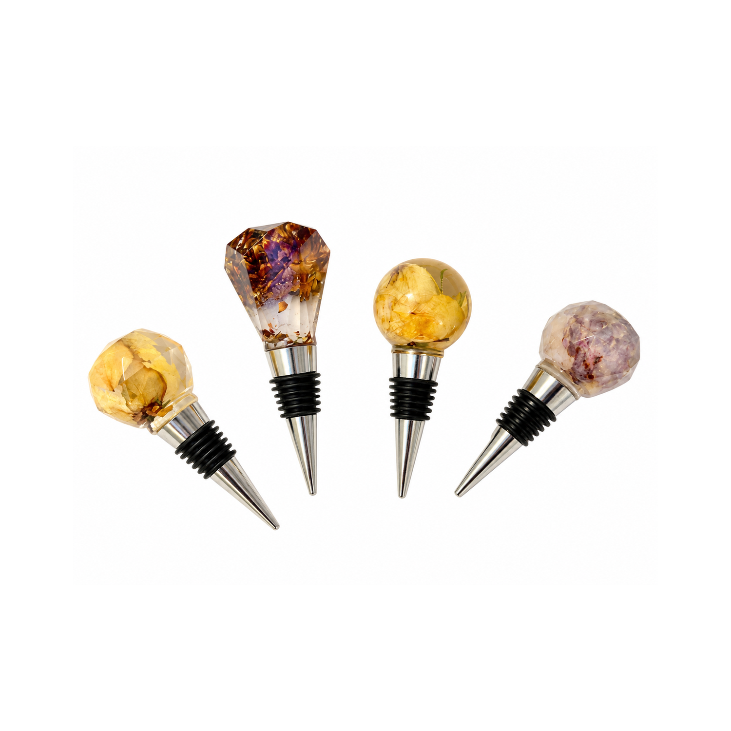 Four handmade botanical resin wine stoppers featuring real preserved yellow roses and strawflowers in round and faceted designs, displayed on a white background.