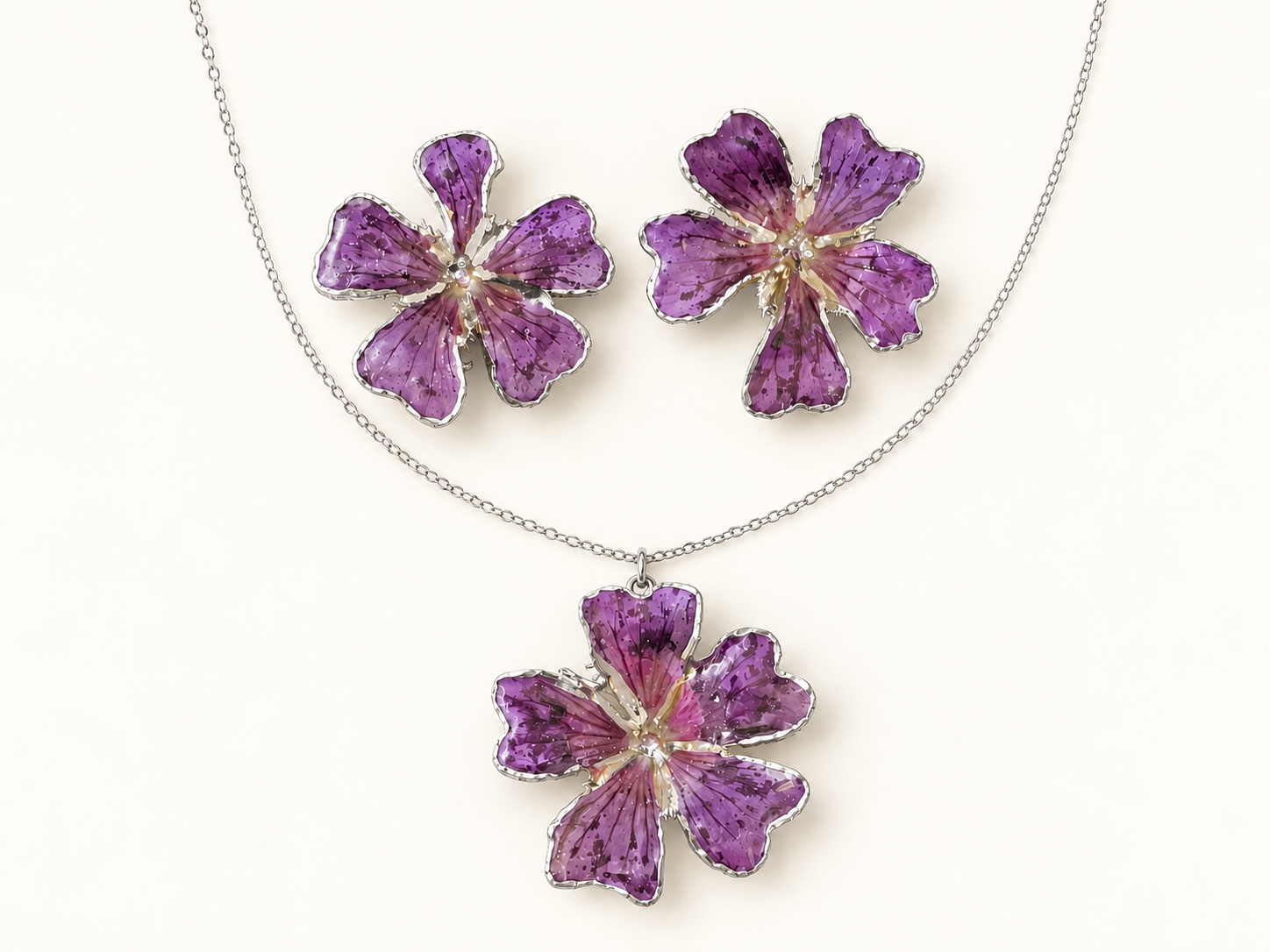 Purple Geranium Flower Jewellery Set