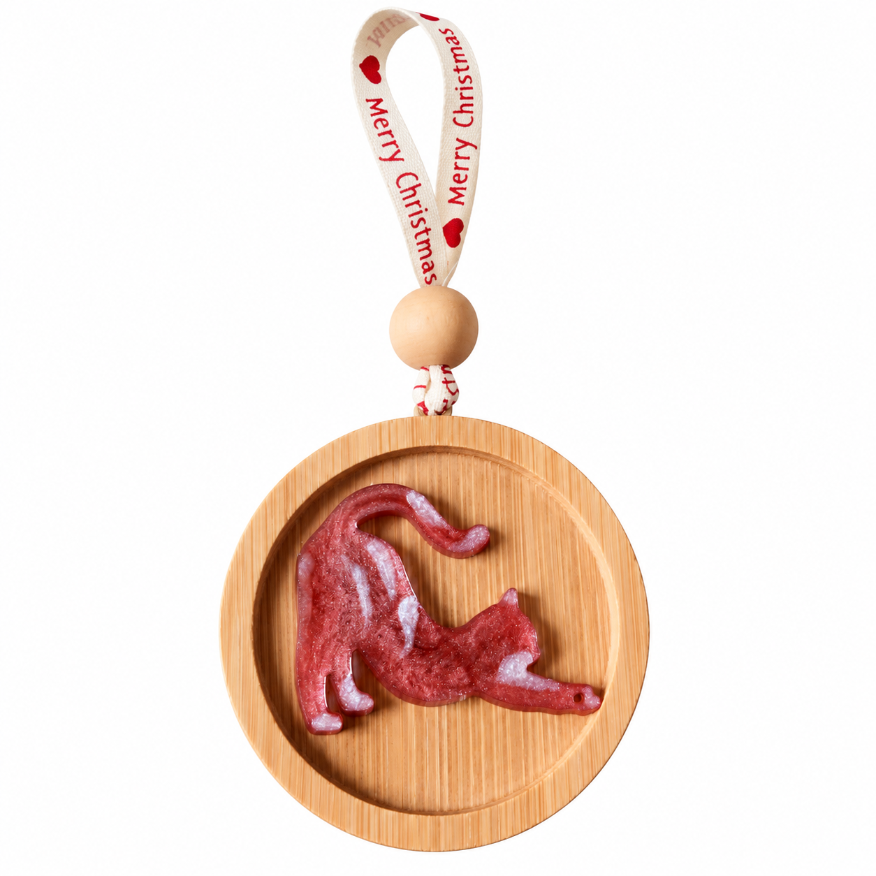 Handmade stretching ginger red resin cat Christmas decoration on a 6.5 cm round wooden ornament, finished with a festive ribbon and natural wooden bead against a white background.