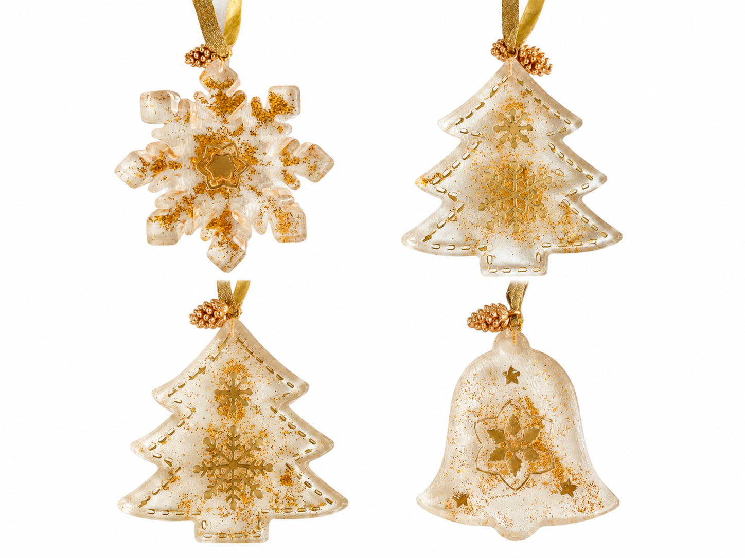 Handmade Clear Resin Christmas Decorations - Gold Tree, Bell & Snowflake