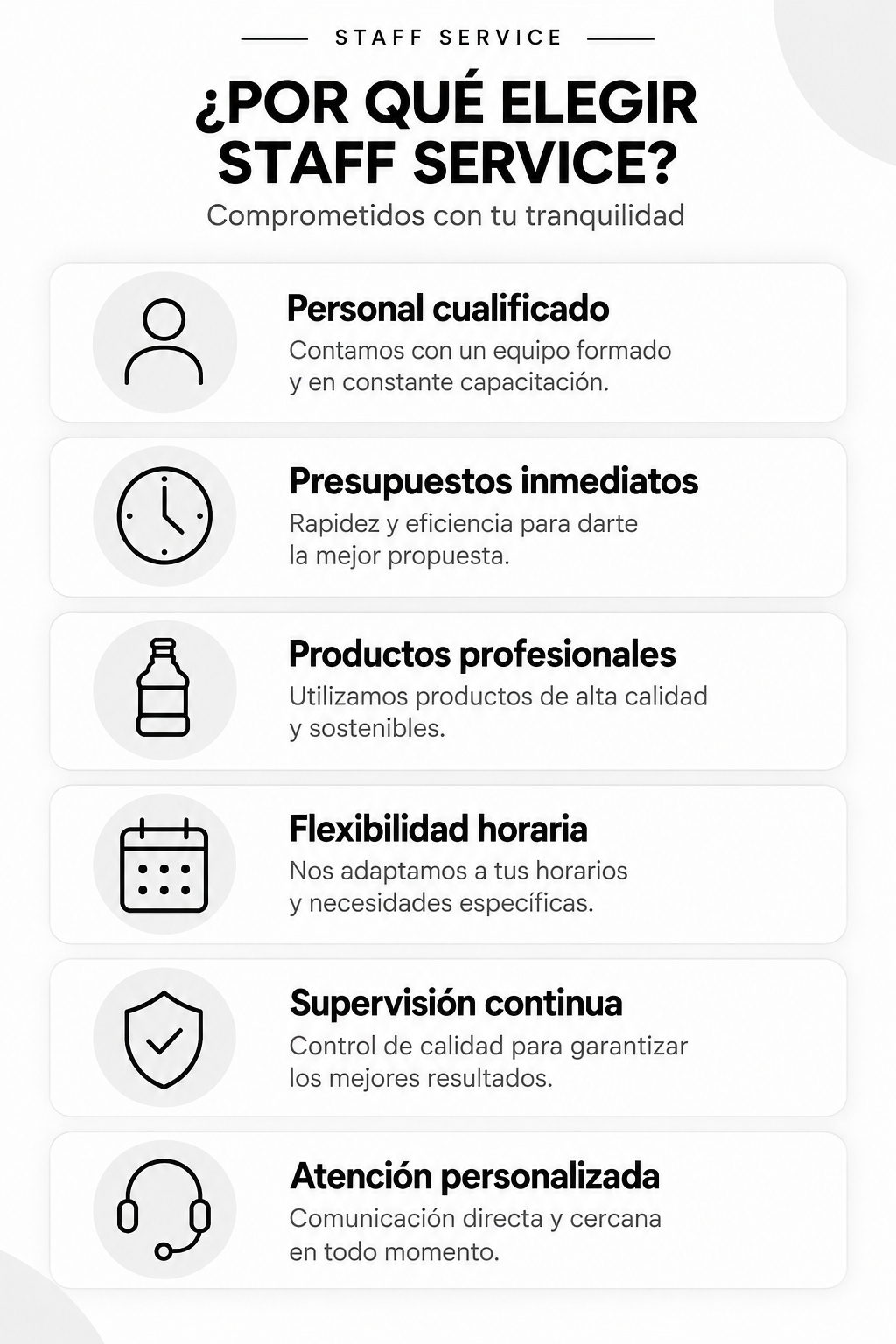 Información sobre las ventajas de contratar un servicio de atención al cliente, destacando personal calificado, presupuestos inmediatos, productos profesionales, flexibilidad horaria, supervisión continua y atención personalizada.