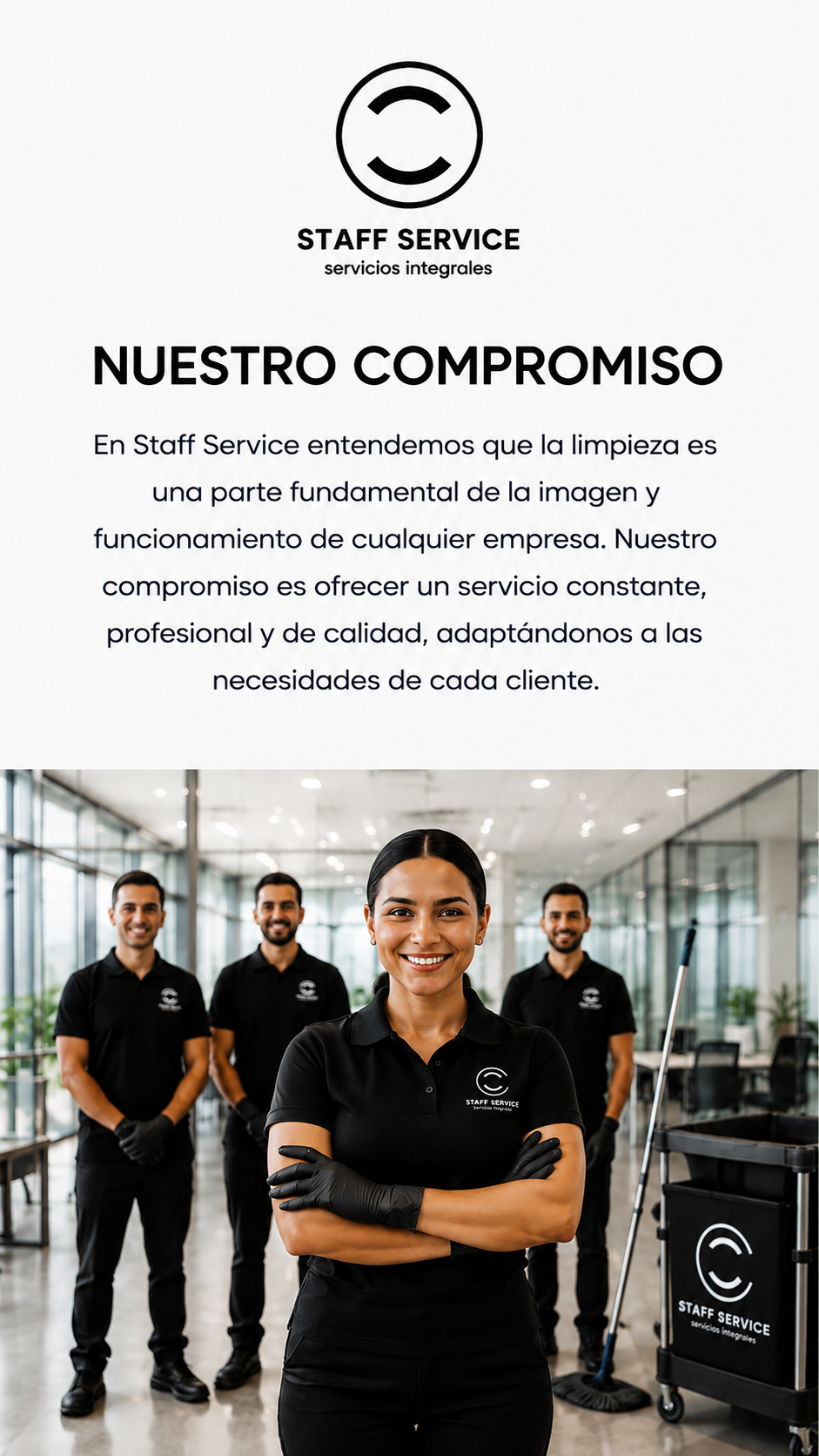 Cuatro empleados uniformados de Staff Service posando en un ambiente brillante con ventanas grandes, vestimenta negra y guantes negros, con un carrito de limpieza y una señal de servicios integrales.